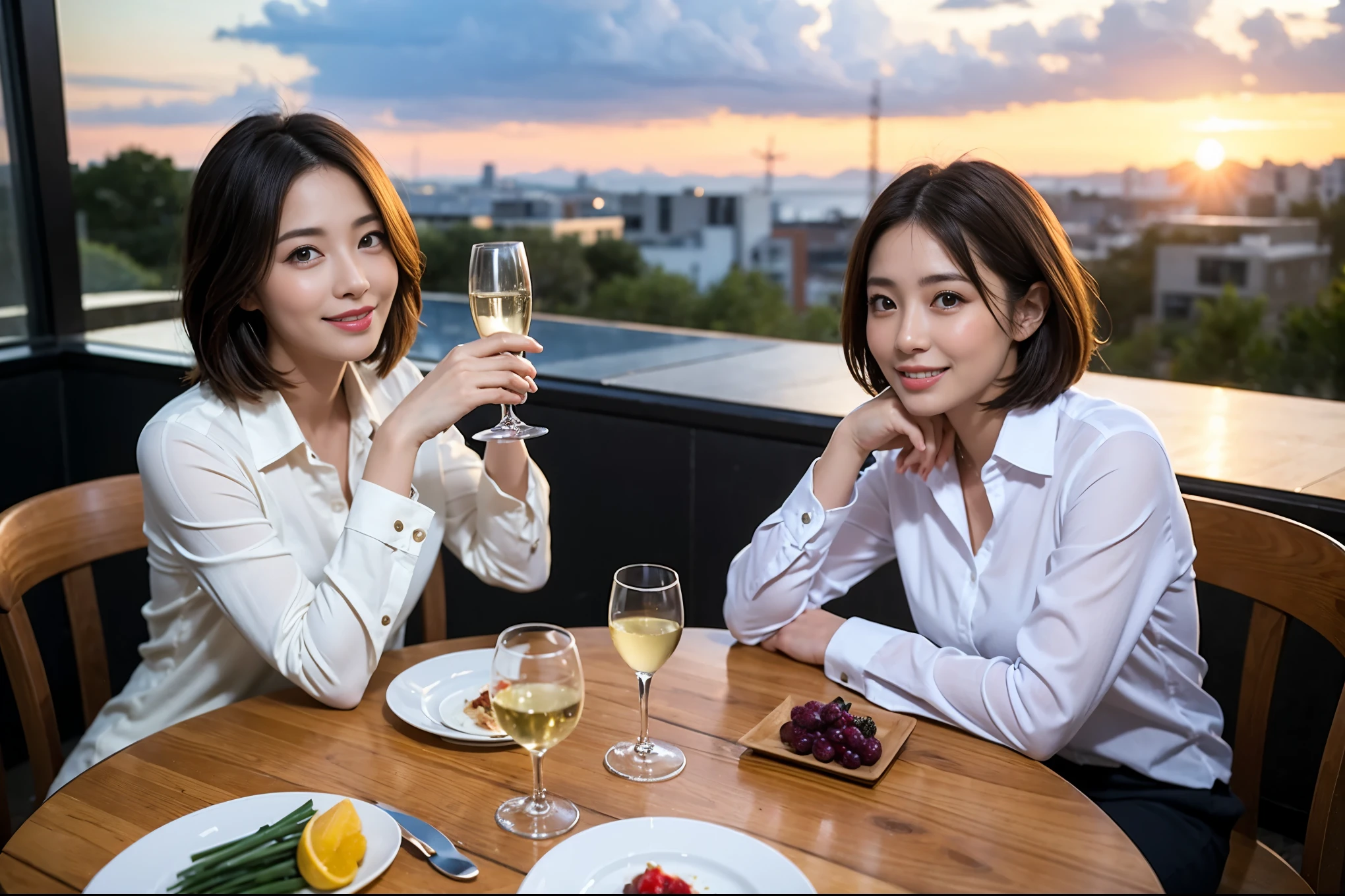 ((highest quality、8k、masterpiece:1.3))、A lover who resembles Satomi Ishihara、Beautiful couple、smile、full-course dinner、 (Slim face), (the body is スリム), (Brown Hair), (Short Hair), Wine glasses on the table、Amazing view of the sunset sky and clouds、 (Age 44), 39 years old, Wine bottle、Champagne、sparkling wine、Long sleeve shirt、dress、White wine, red wine,
