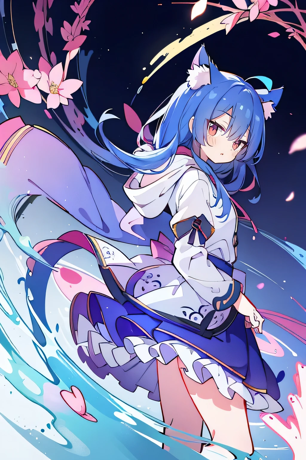 (masterpiece:1.2),Super detailed,lifelike,Expressive eyes,fair skin,perfect face shape,1 girl,
Japanese comics,Gorgeous blue hair,flowing blue hair,flowing clothes,Cat ears,Petals fall,beautiful lola,Baby Angel,
Shaking head with one hand,Cross your legs,Gentle and peaceful background,The pavilion is cool and comfortable,smile, wearing hoodie, background of tokyo,back views.
