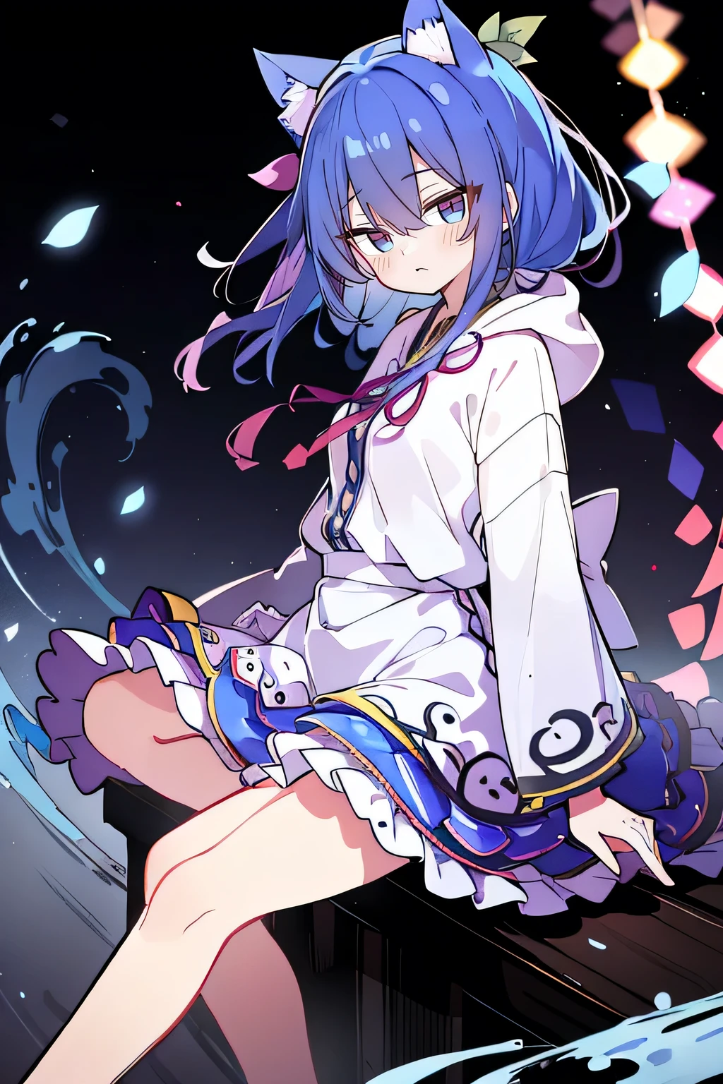 （masterpiece：1.2），Super detailed，lifelike，Expressive eyes，fair skin，perfect face shape，1 girl，
Japanese comics,Gorgeous blue hair,flowing blue hair,flowing clothes,Cat ears,Petals fall,beautiful lola,Baby Angel,
Shaking head with one hand，Cross your legs，Gentle and peaceful background，The pavilion is cool and comfortable,smile, wearing hoodie, background of tokyo,back views.