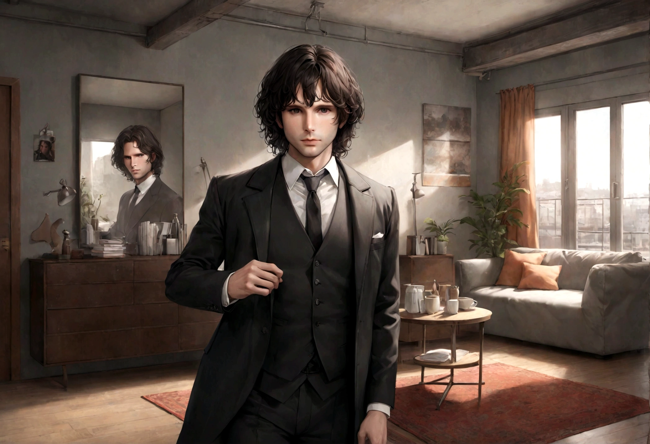 (traje de etiqueta para hombre), ), (con poca barba,) (ojos color cafe claro), Aspecto atractivo y serio, cabello negro oscuro, Elegante y con estilo, Un hombre similar al actor Jim Morrison, (Imagen realista y de alta calidad), Apartamento escandinavo en el fondo estilo estudio, ((La mejor calidad, 8K, obra maestra).((dynamic pose))