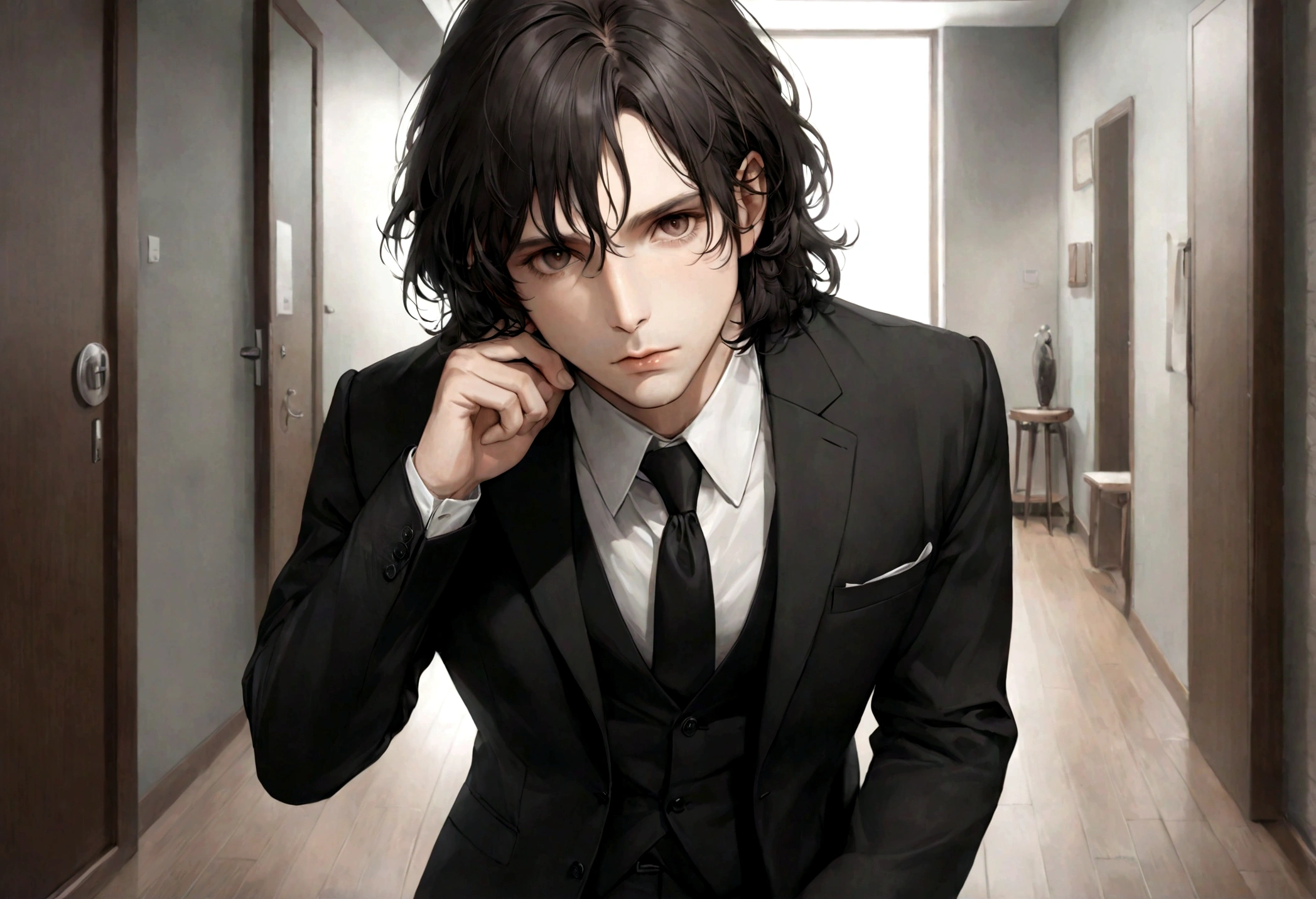 (traje de etiqueta para hombre), ), (con poca barba,) (ojos color cafe claro), Aspecto atractivo y serio, cabello negro oscuro, Elegante y con estilo, Un hombre similar al actor Jim Morrison, (Imagen realista y de alta calidad), Apartamento escandinavo en el fondo estilo estudio, ((La mejor calidad, 8K, obra maestra).((dynamic pose))