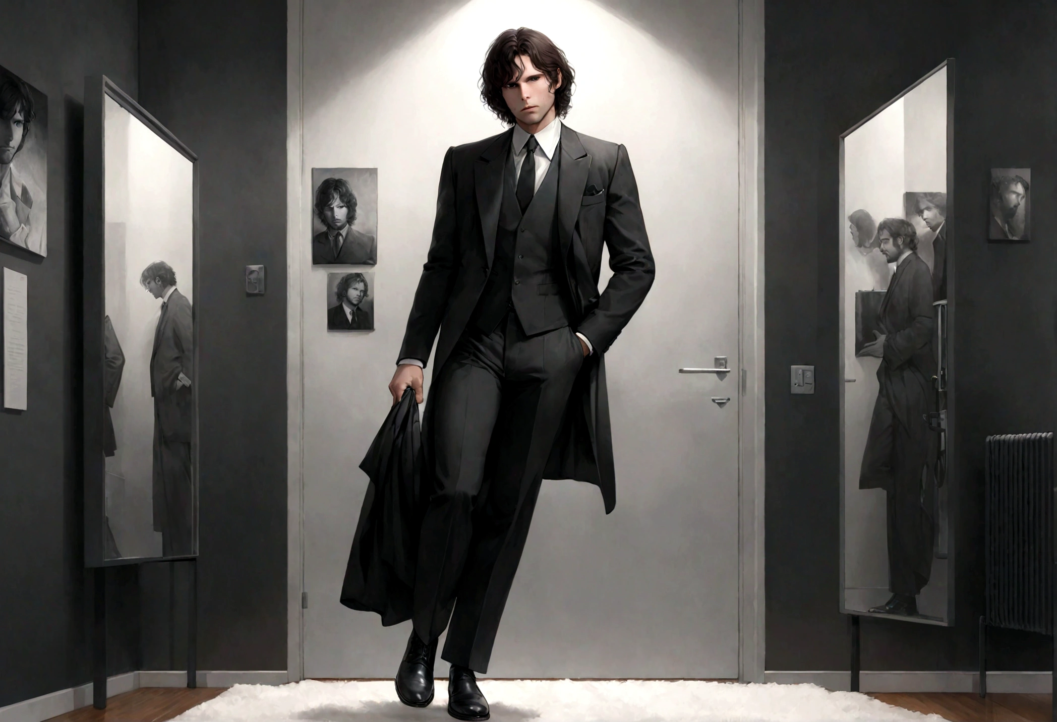 (traje de etiqueta para hombre), ), (con poca barba,) (ojos color cafe claro), Aspecto atractivo y serio, cabello ????? oscuro, Elegante y con estilo, Un hombre similar al actor Jim Morrison, (Imagen realista y de alta calidad), Apartamento escandinavo en el fondo estilo estudio, ((La mejor calidad, 8K, obra maestra).((dynamic pose))