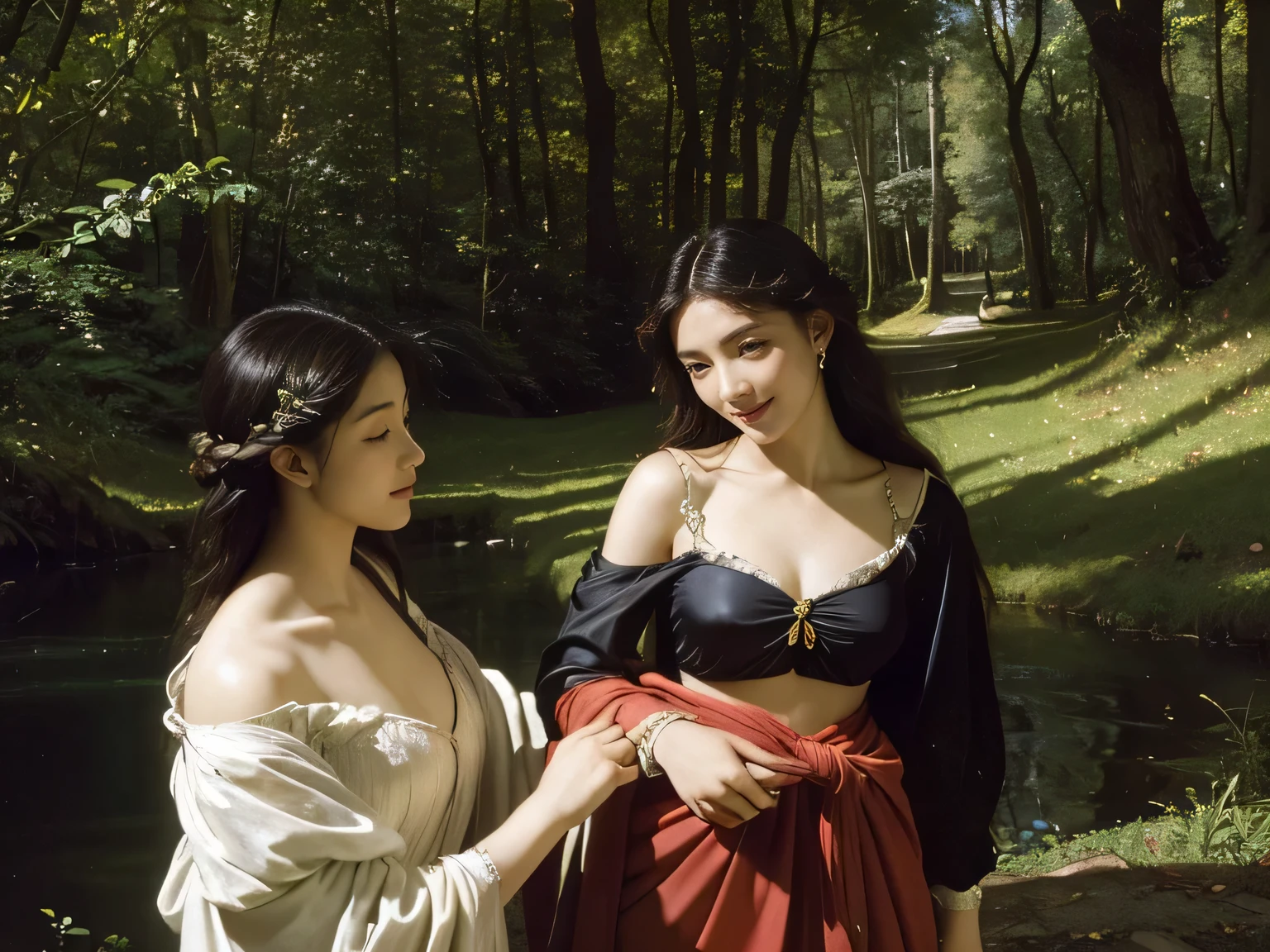 (masterpiece, best quality:1.5), oil painting by Leonardo da Vinci, perfect anatomy, two gorgeous and stunning pale-skinned young pregnant goddesses is deeply in love with each other, kiss, fantastic make-up, jewelry, flower, snow, magnificent panorama view