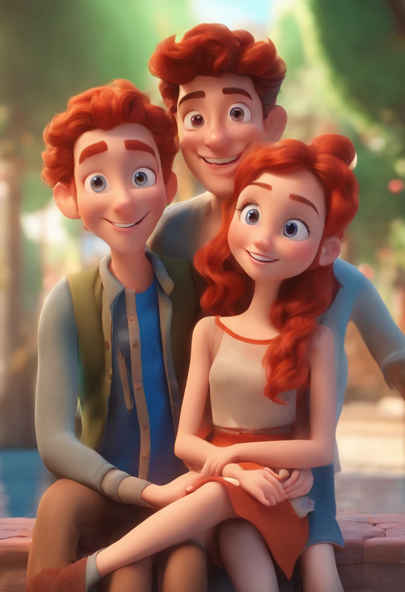 An illustration of an adorable couple, A brunette man and a girl with red hair and slanted eyes, The two of them are smiling and facing the front of the camera, Show Your Connection. Desenvolva esta arte em Full HD, Focus on your cinematic touch, Estilo Disney Pixar Animations