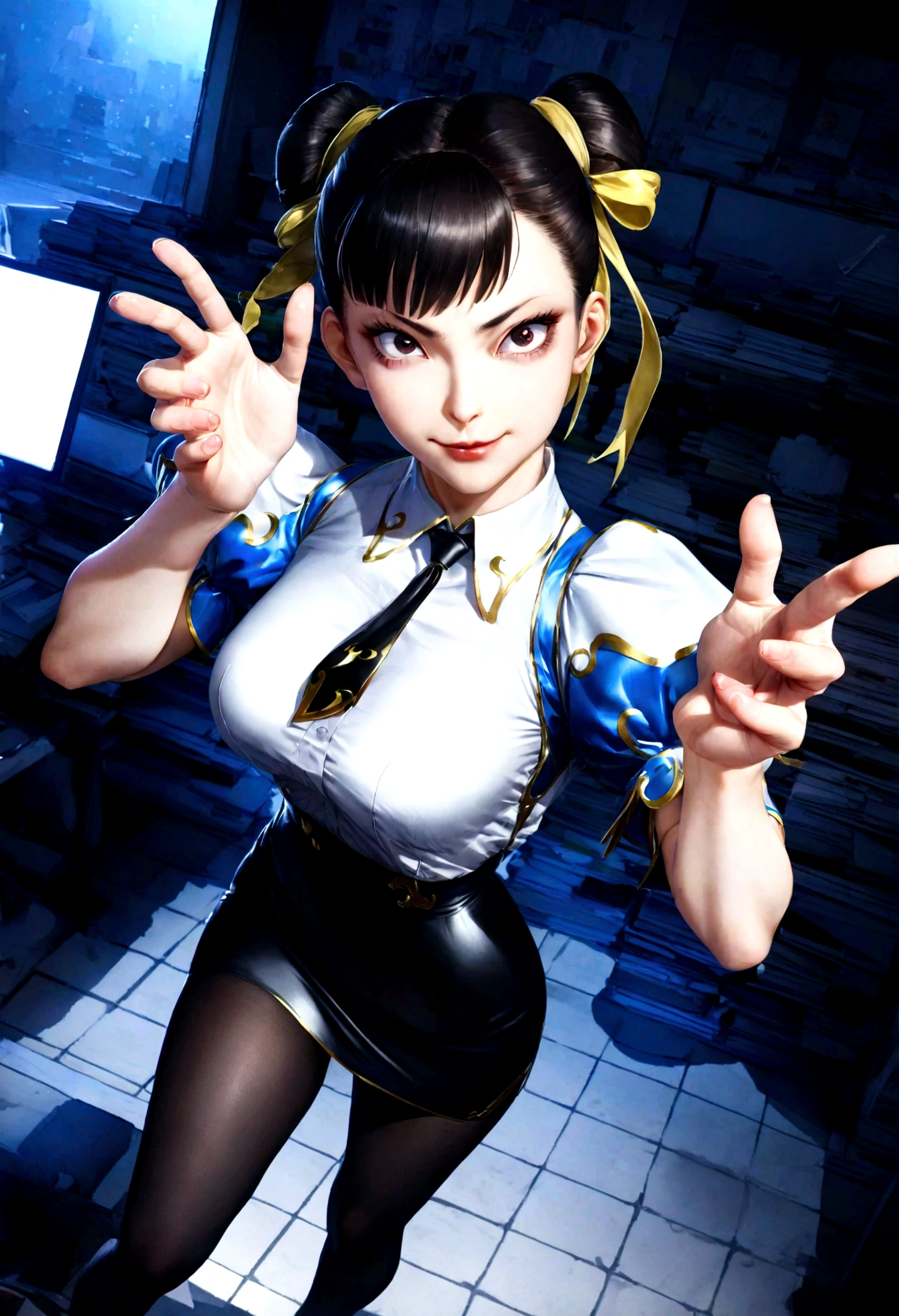 chun li, work of art, tight white secretary shirt with black tie, black high waist skirt, short skirt,stocking, black hair, black tights,evil smile,office,franja nos olhos,lighting,chifre de cabelos,view from above,olhando para cima
