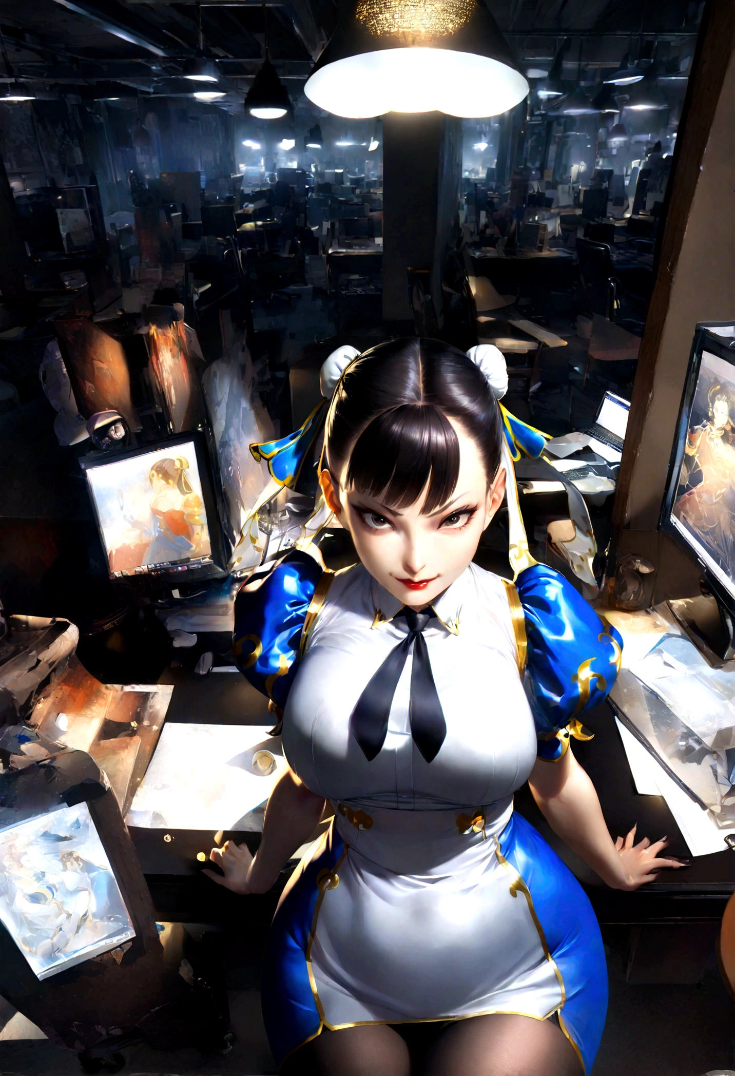 chun li, work of art, tight white secretary shirt with black tie, black high waist skirt, short skirt,stocking, black hair, black tights,evil smile,office,franja nos olhos,lighting,chifre de cabelos,view from above,olhando para cima
