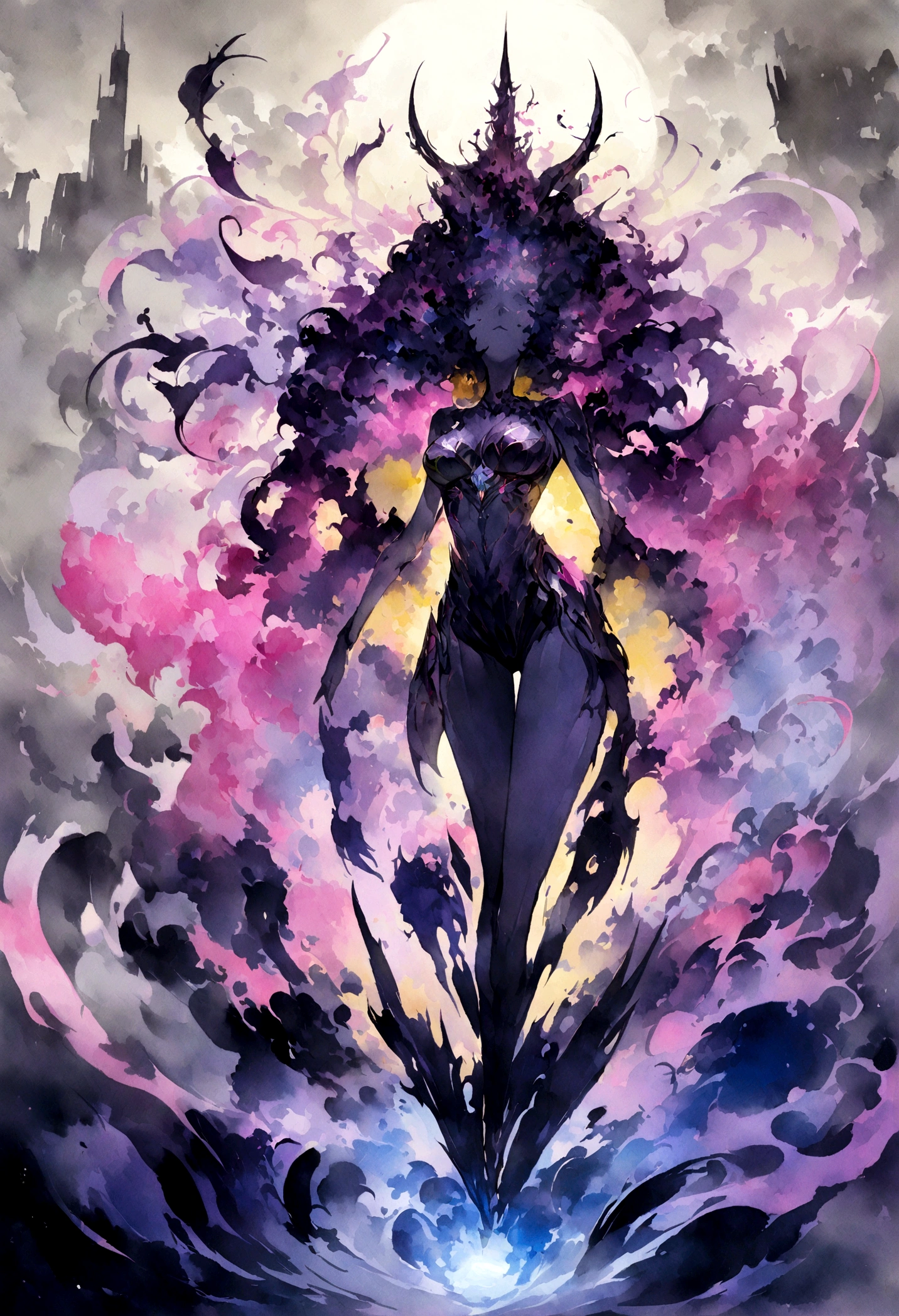 abstract beauty, Amazingly beautiful girl with olive skin, The skyscraper on the left, centered, looking at the camera, getting closer to perfection, Dynamic, Moonlight, very detailed, watercolor painting, art stations, conceptual art, smooth, sharp focus, illustration, art by Karn Griffiths and Vadim Kashin