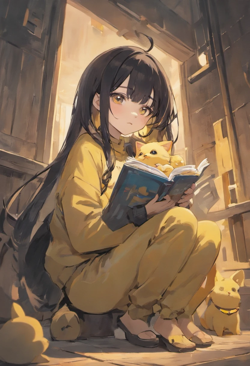 Girl with black hair and bangs with baggy pants listening to music along with her black and white cat and holding a yellow chicken puppy, big breasts