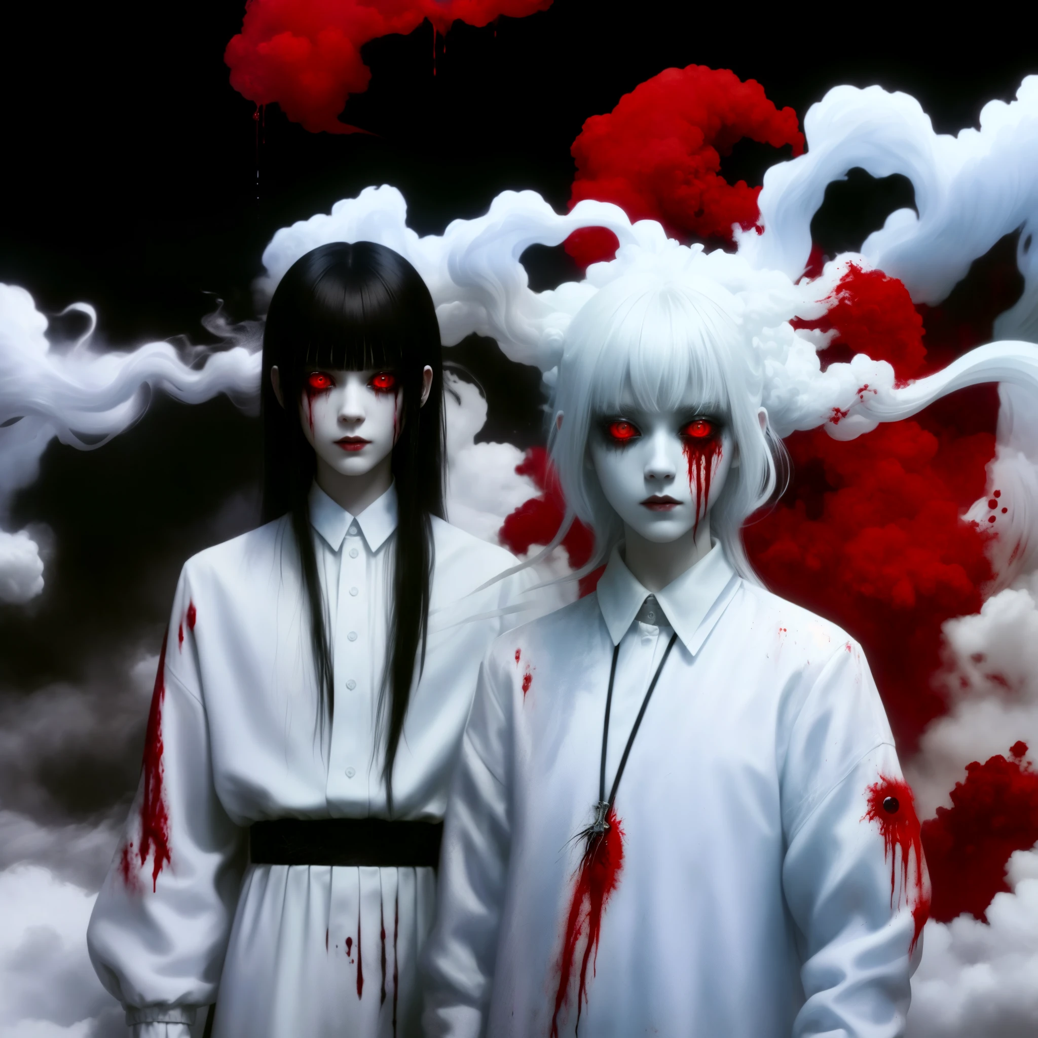 (masterpiece, best quality:1.2), cover image, splashed color background, highly detailed, colorful black, 1 girl, long silver hair, red eyes, short hair, blunt bangs, mannequin, cool face, (((white clothes))), illustration, horror art, dread, creepy, blood, blood eyes, gore, wabstyle, smoke and fog