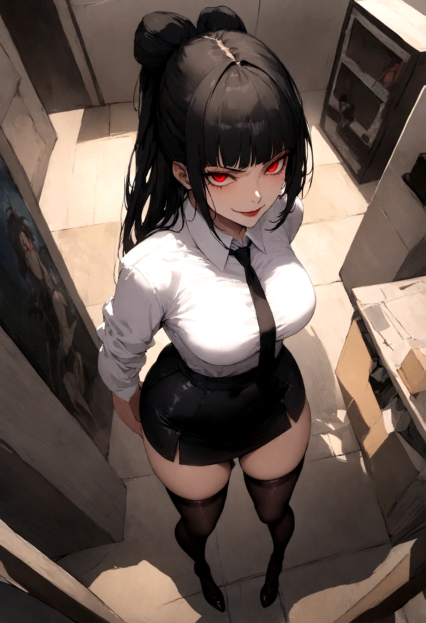 juri han, work of art, tight white secretary shirt with black tie, black high waist skirt, short skirt,stocking, black hair, black tights,evil smile,office,franja nos olhos,lighting,chifre de cabelos,view from above,olhando para cima
