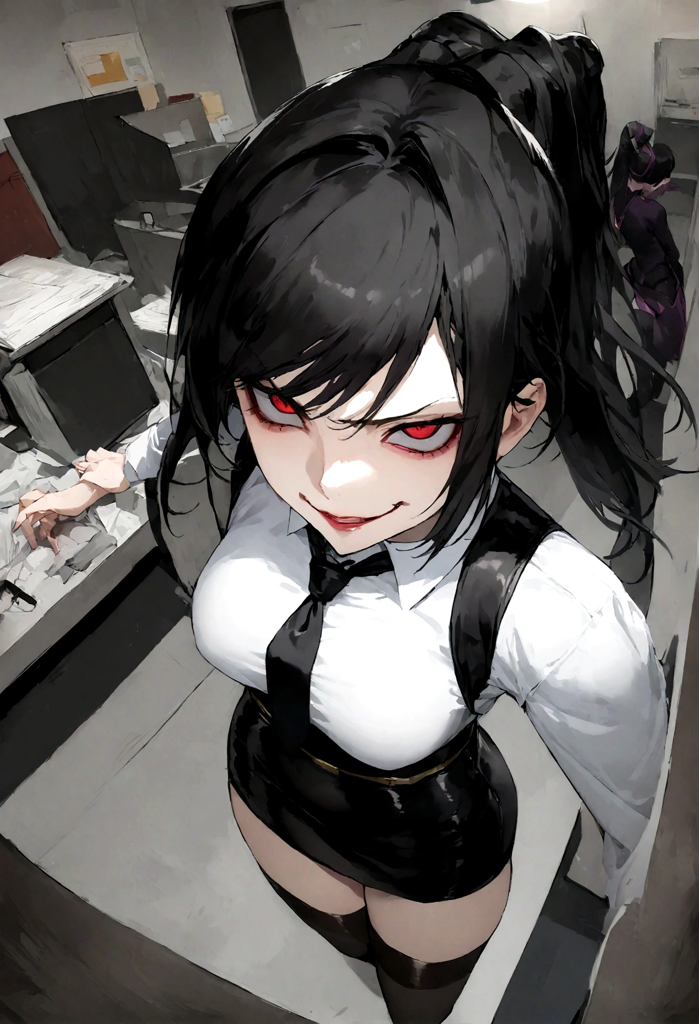 juri han, work of art, tight white secretary shirt with black tie, black high waist skirt, short skirt,stocking, black hair, black tights,evil smile,office,franja nos olhos,lighting,chifre de cabelos,view from above,olhando para cima
