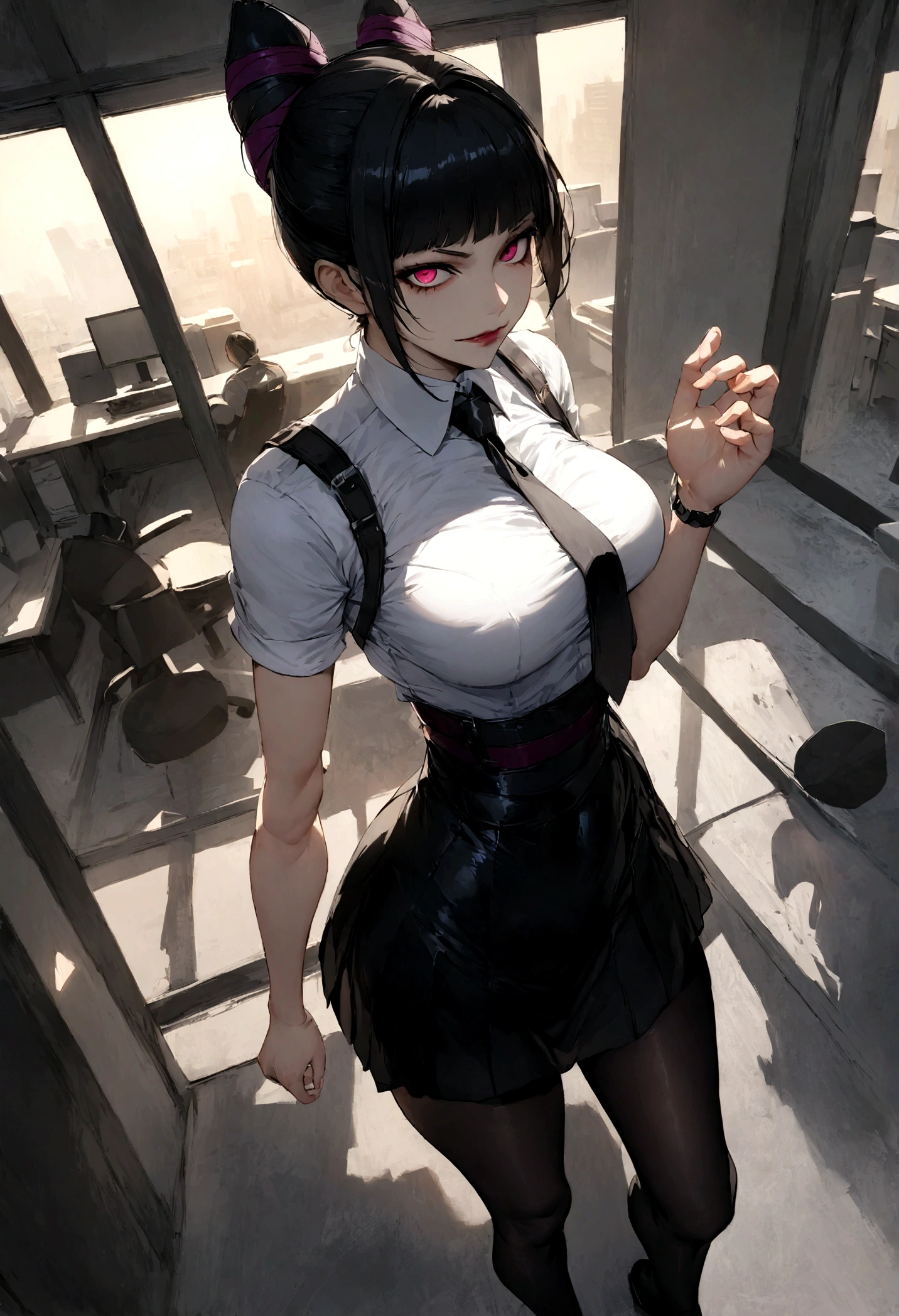 juri han, work of art, tight white secretary shirt with black tie, black high waist skirt, short skirt, black hair, black tights,evil smile,office,franja nos olhos,lighting,chifre de cabelos,view from above,olhando para cima