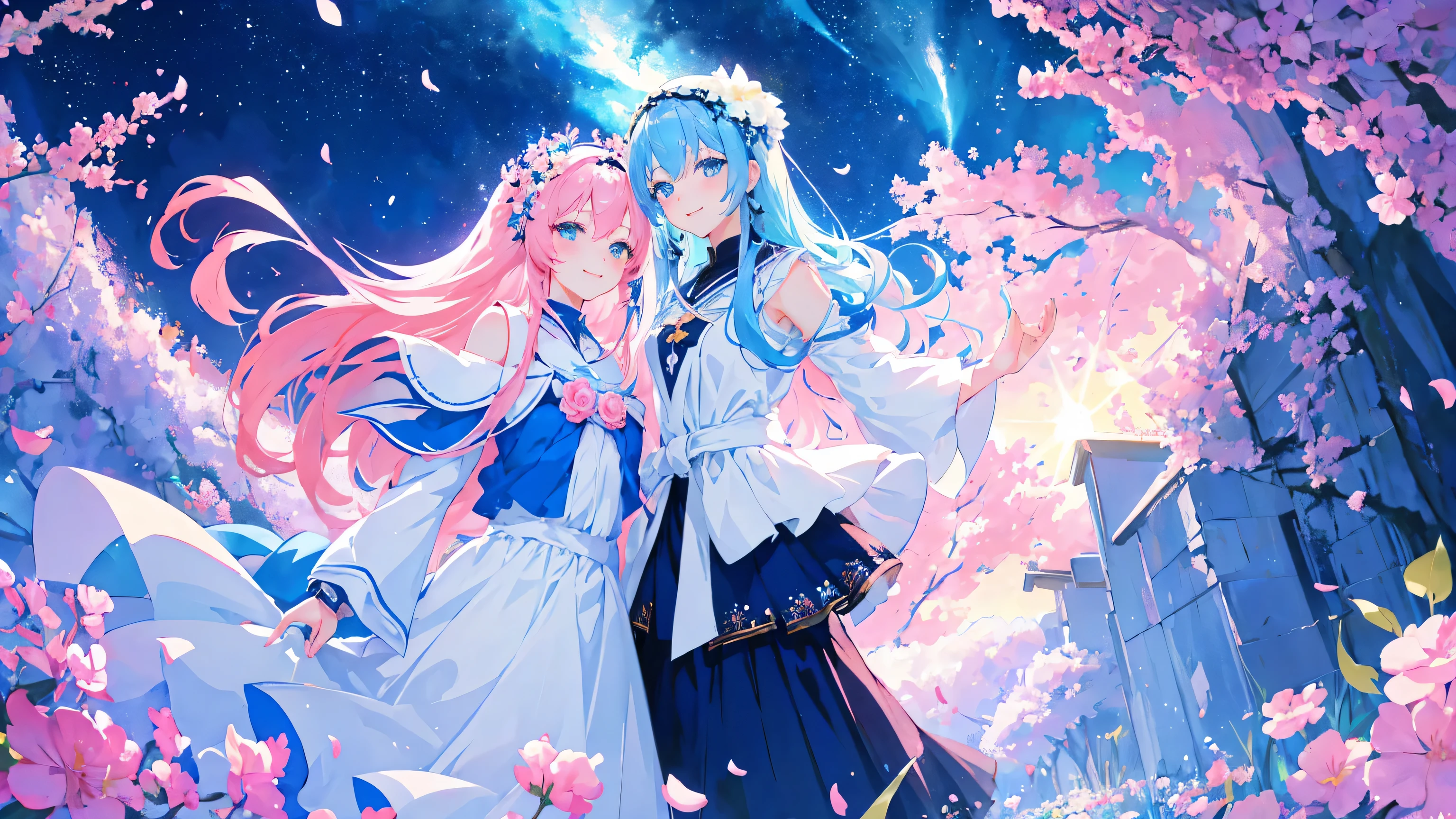 Two anime girls，light blue hair，blue eyes，White Skirt，White，Flower headdress，Standing in the flower field，Smile，Starry sky background，Popular topics on artstation pixiv, Digital Art on pixiv, anime art wallpaper 8 k, guweiz on pixiv artstation, Anime Art Wallpaper 4K, Anime Art Wallpaper 4K, Top rated on Pixiv, Beautiful anime artwork, Pixiv competition winner，（Multi-angle）((masterpiece)), ((best quality)), ((high resolution)), ((Fine details)), Smile，Pink hair anime girl,blue eyes, Blue long skirt，White Silk，artstation pixiv