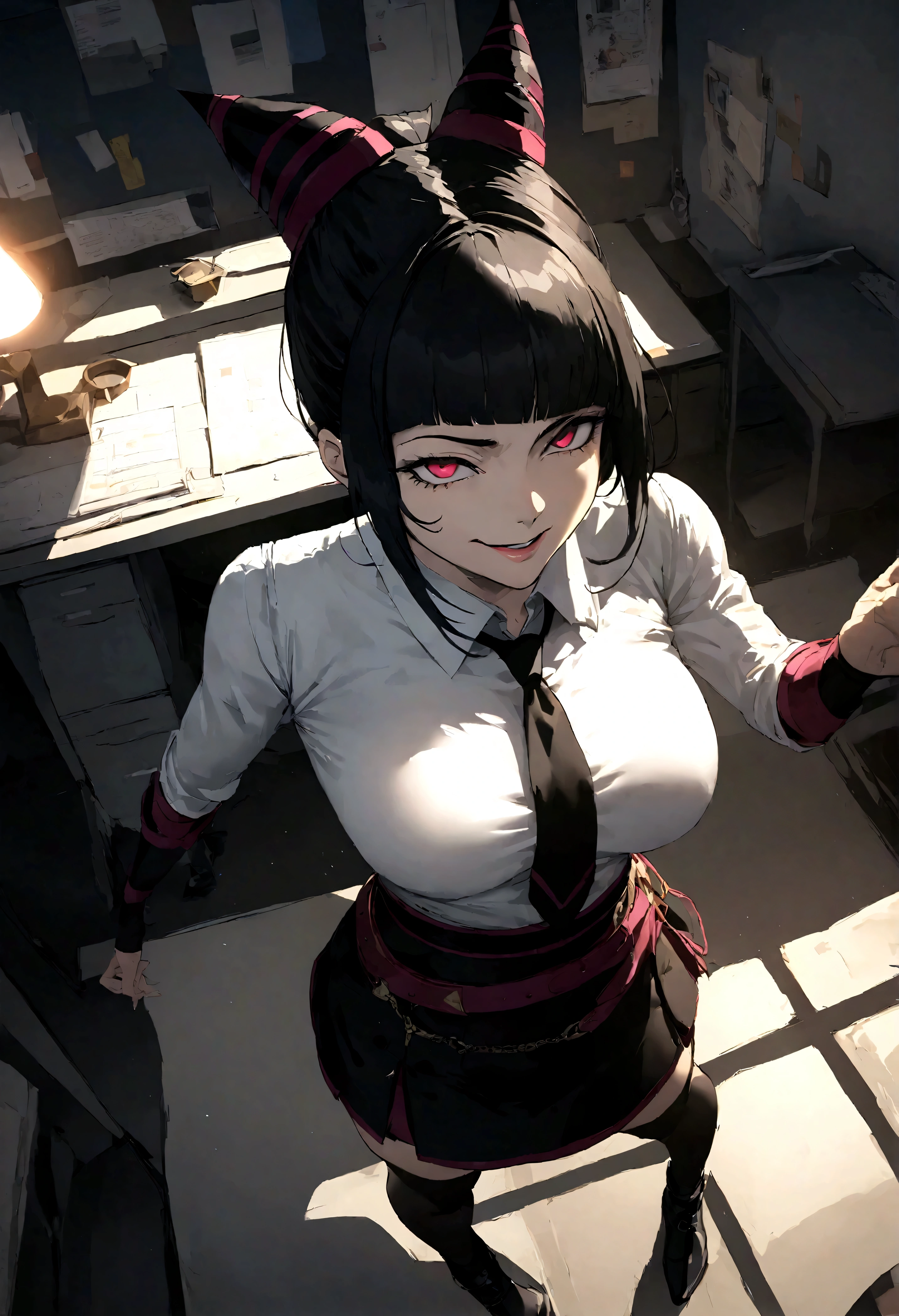 juri han, work of art, tight white secretary shirt with black tie, black high waist skirt, short skirt, black hair, black tights,evil smile,office,franja nos olhos,lighting,chifre de cabelos,view from above,olhando para cima