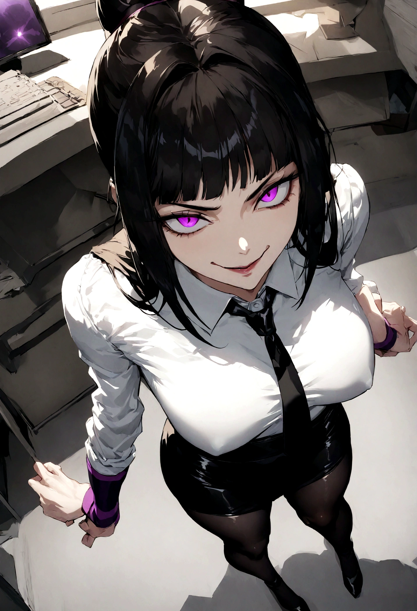 juri han, work of art, tight white secretary shirt with black tie, black high waist skirt, short skirt,stocking, black hair, black tights,evil smile,office,franja nos olhos,lighting,chifre de cabelos,view from above,olhando para cima