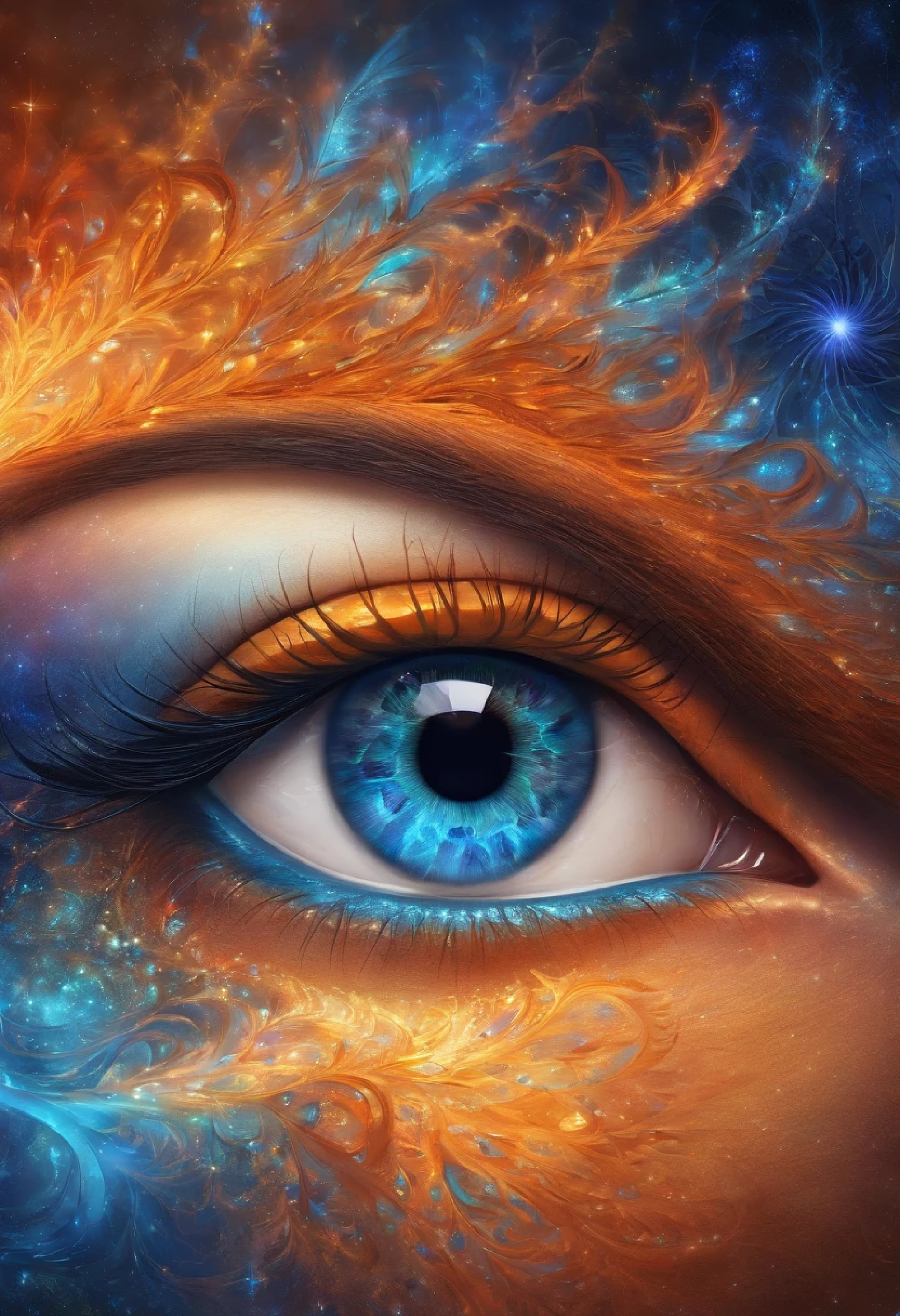 a close up of an eye with the iris made out of fractals, the pupil is orange and blue colored, hyper realistic photography