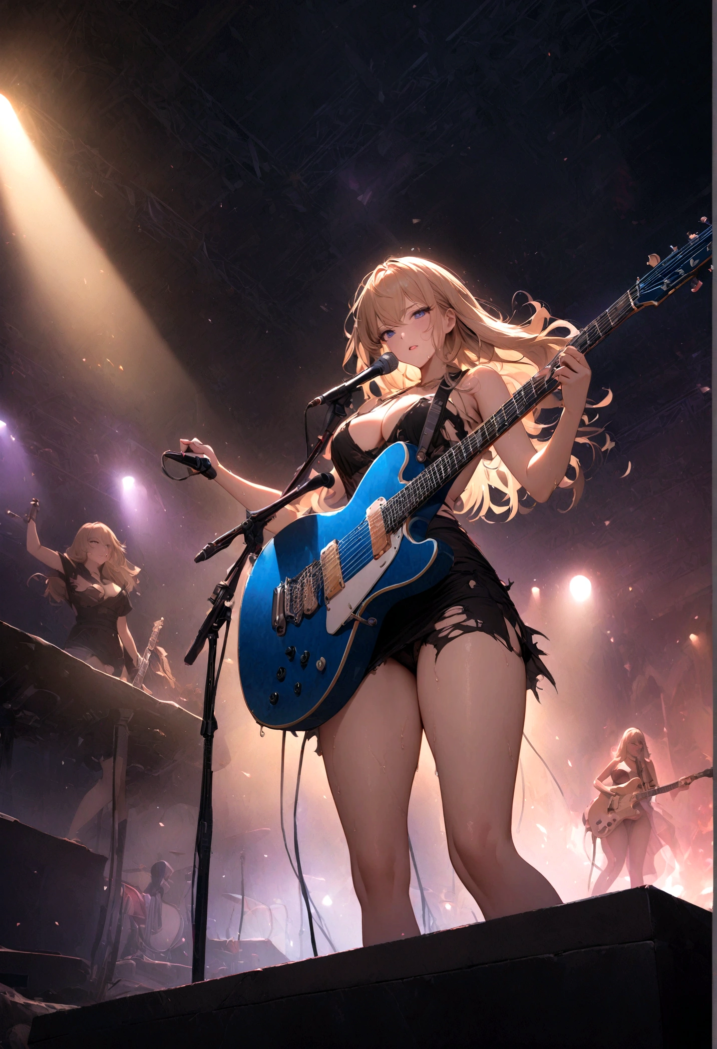 ((Masterpiece, top quality, high resolution)), ((highly detailed CG unified 8K wallpaper)), (huge stunning goddess shot, very hot and sexy, jaw-dropping beauty, perfect proportions, beautiful body, slim body beauty:1.1), Woman with blue guitar and torn shirt, dreamy rock girl, holding silver electric guitar, girl playing guitar, holding electric guitar, portrait of woman like leor, Shaggy blond hair, splashing sweat, cleavage, holding electric guitar, holding electric guitar, electric guitar, electric playing guitar, promo shoot photos, rocking out, On a dark live music stage, silhouette emerging from the backlight, seen from below,