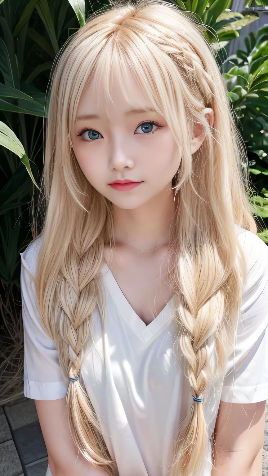 Pale, tanned skin、Sunburn marks on tanned skin、Bright blonde hair,A cute 20-year-old girl with a cute look, A strong wind blows my hair in front of my face、beautiful long blonde braided hair、beautiful, Cute eyes hidden by long bangs、Yawn、Double teeth、No visible nasolabial folds、