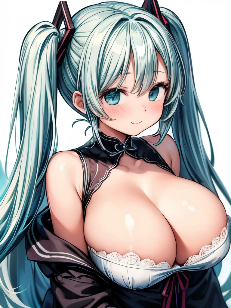 (masterpiece、highest quality、highest quality、Official Art、Beautiful and beautiful:1.2)、(One girl:1.3)Hatsune Miku、Twin tails,Beautiful breasts,Stickers、おっぱいのStickers、Baby Face、From the side、(((Super close-up of the chest、huge 、Cleavage、I mainly draw the chest)))、Depiction of only the chest、Laugh with your mouth wide open、Succubus、Simple Background、White background、