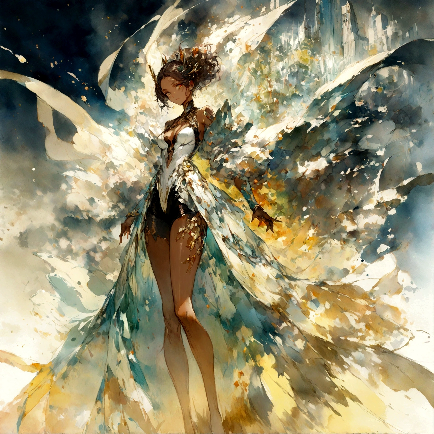 Abstract beauty, Amazing beautiful olive skin girl, Skyscraper on the left, Centered, Looking at the camera, nearing perfection, Dynamic, Moonlight, Highly detailed, Watercolor painting, art stations, concept-art, smooth, Sharp focus, illustration, Art by Carne Griffiths and Wadim Kashin