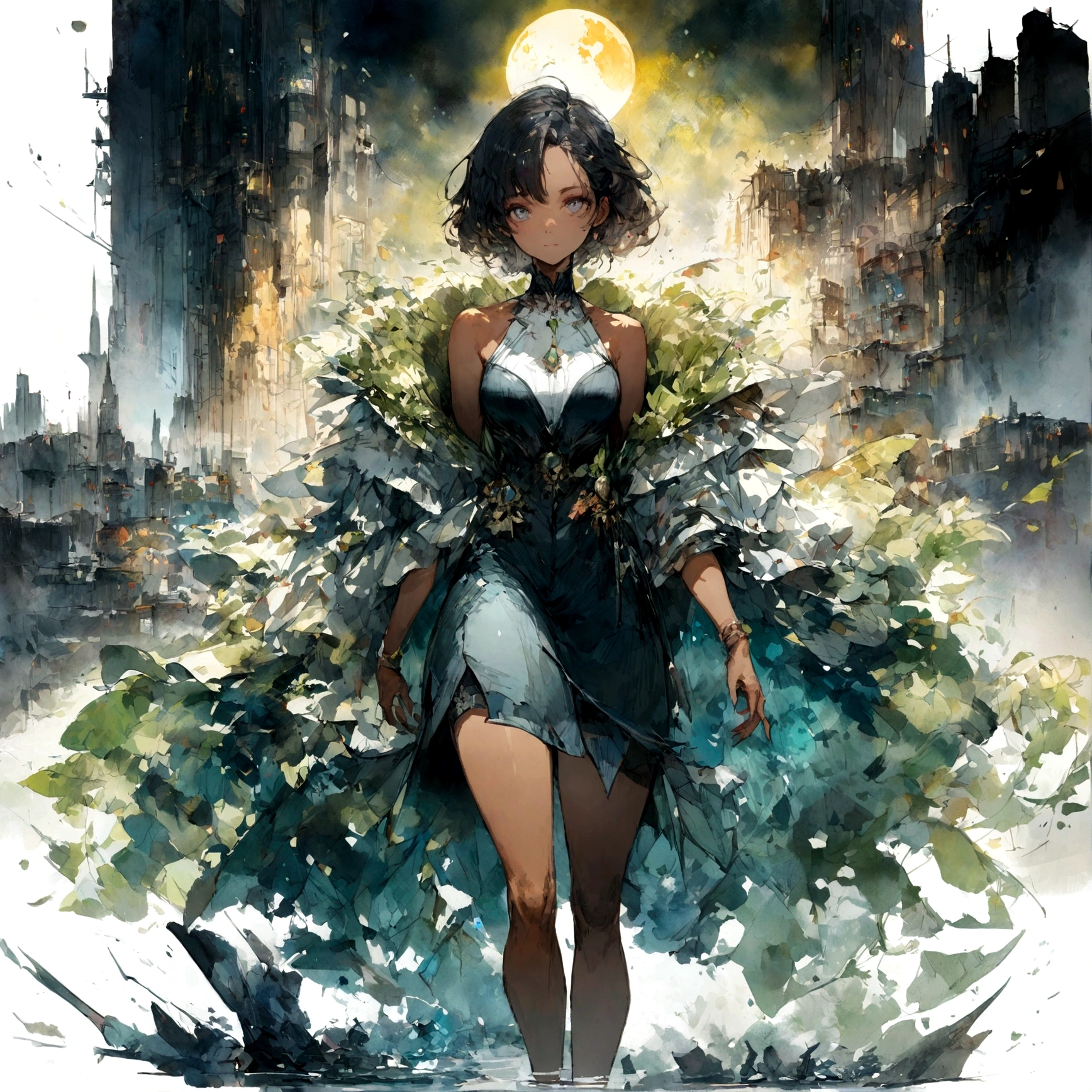 Abstract beauty, Amazing beautiful olive skin girl, Skyscraper on the left, Centered, Looking at the camera, nearing perfection, Dynamic, Moonlight, Highly detailed, Watercolor painting, art stations, concept-art, smooth, Sharp focus, illustration, Art by Carne Griffiths and Wadim Kashin