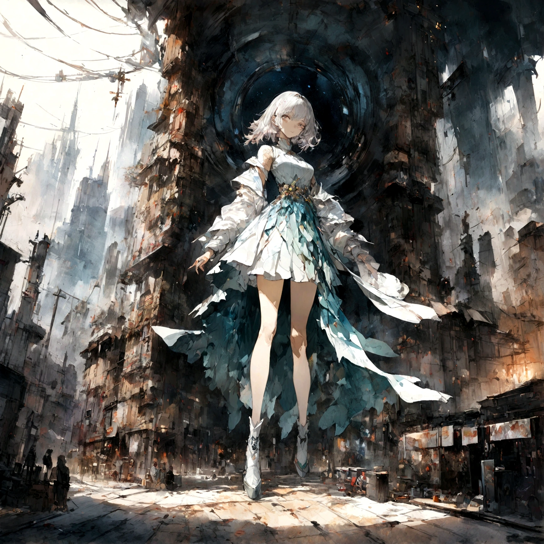 Abstract beauty, Amazing beautiful olive skin girl, Skyscraper on the left, Centered, Looking at the camera, nearing perfection, Dynamic, Moonlight, Highly detailed, Watercolor painting, art stations, concept-art, smooth, Sharp focus, illustration, Art by Carne Griffiths and Wadim Kashin