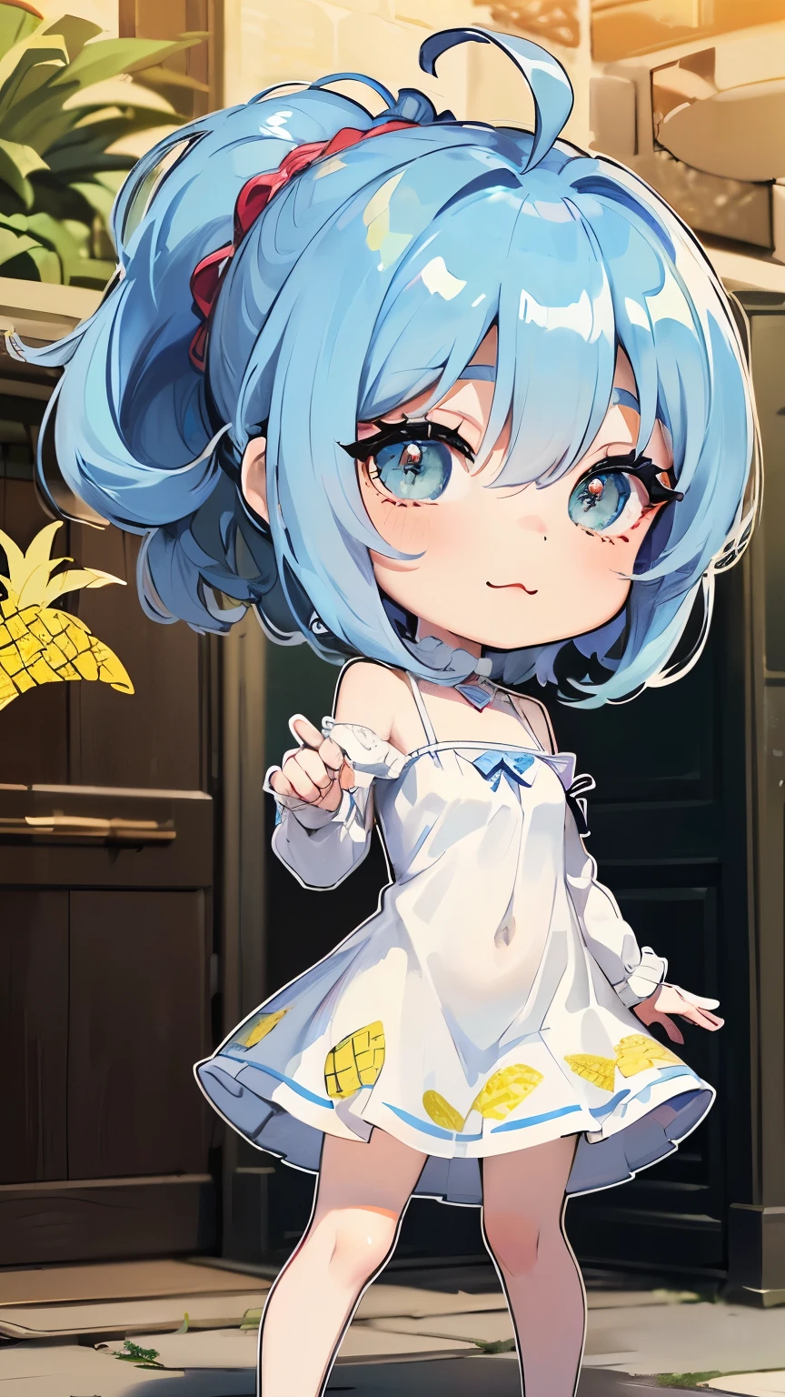 ((style:Colored pencil,pale colour)),(Chibi animation、masterpiece、Colored pencilで描かれた:1.2)、(Chibi Body、Small face、Cute all over、Light blue hair color, Short chignon hair:1.4),(eye shadow, Eyeliner:1.2),(Highly detailed eyes、Light blue eyes、The space between the eyes is narrow、Soft breast swelling、Gloss Lip、Very sharp outline、 :3, Ahoge, Symbol-shaped pupil、Very thin legs)、(Big fresh pineapple:1.4)、(Noble Pride、Gorgeous dress:1.5),(medieval europe landscape:1.3)