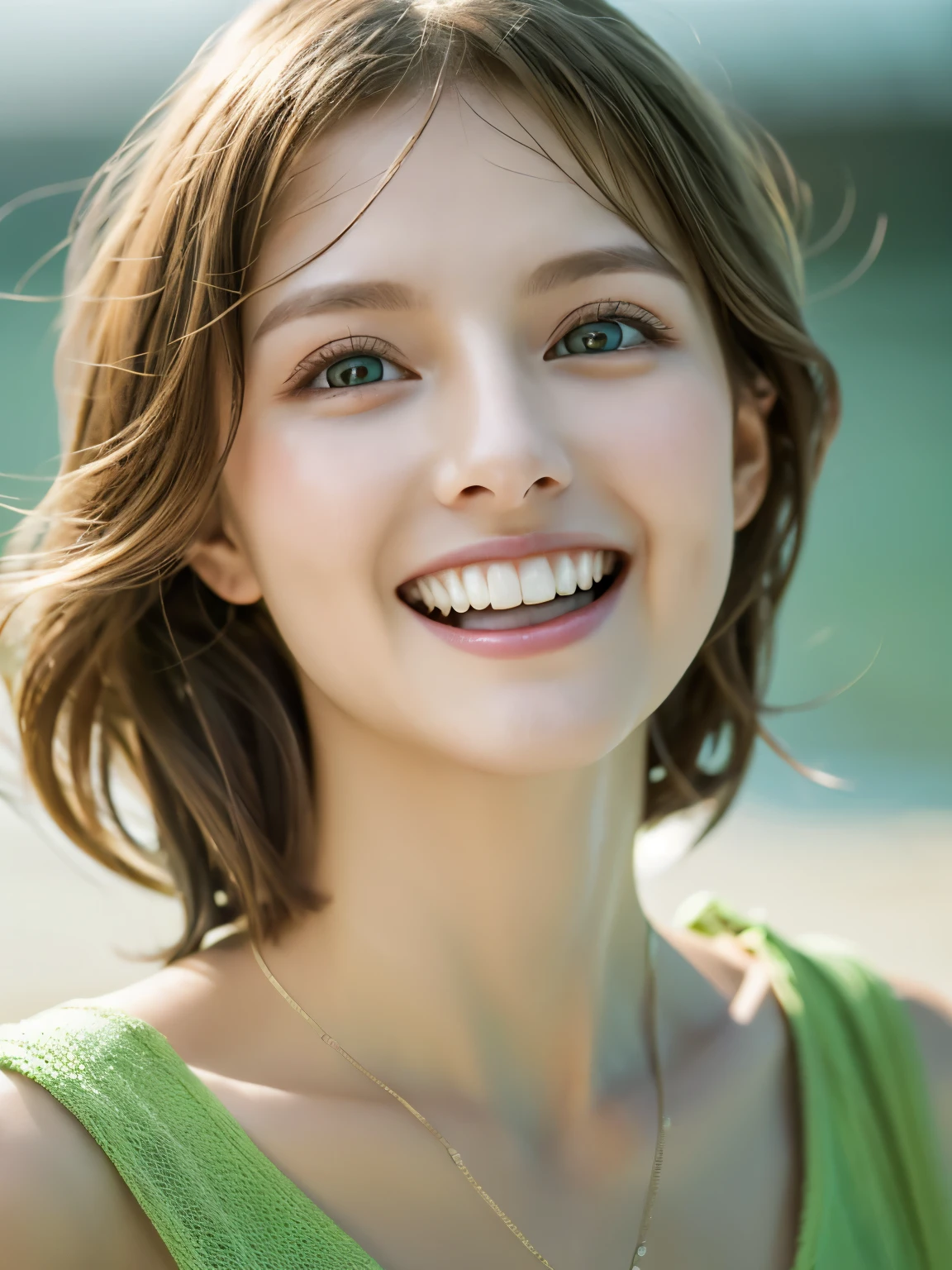 Cinematic soft lighting illuminates the beautiful space。40 years old, Very detailed, Beach look, Light brown hair ultra short messy, Bright green eyes, Showing teeth, Sensual, so beautiful, Who'Trending in ArtStation?. The octane number is、that'It's the perfect tool to capture the smoothest details of this 16K photographic masterpiece.、((40 years old女性:1.5))、((Manhattan, New York:1.2)),((Leather jacket、Playing electric guitar:1.2))