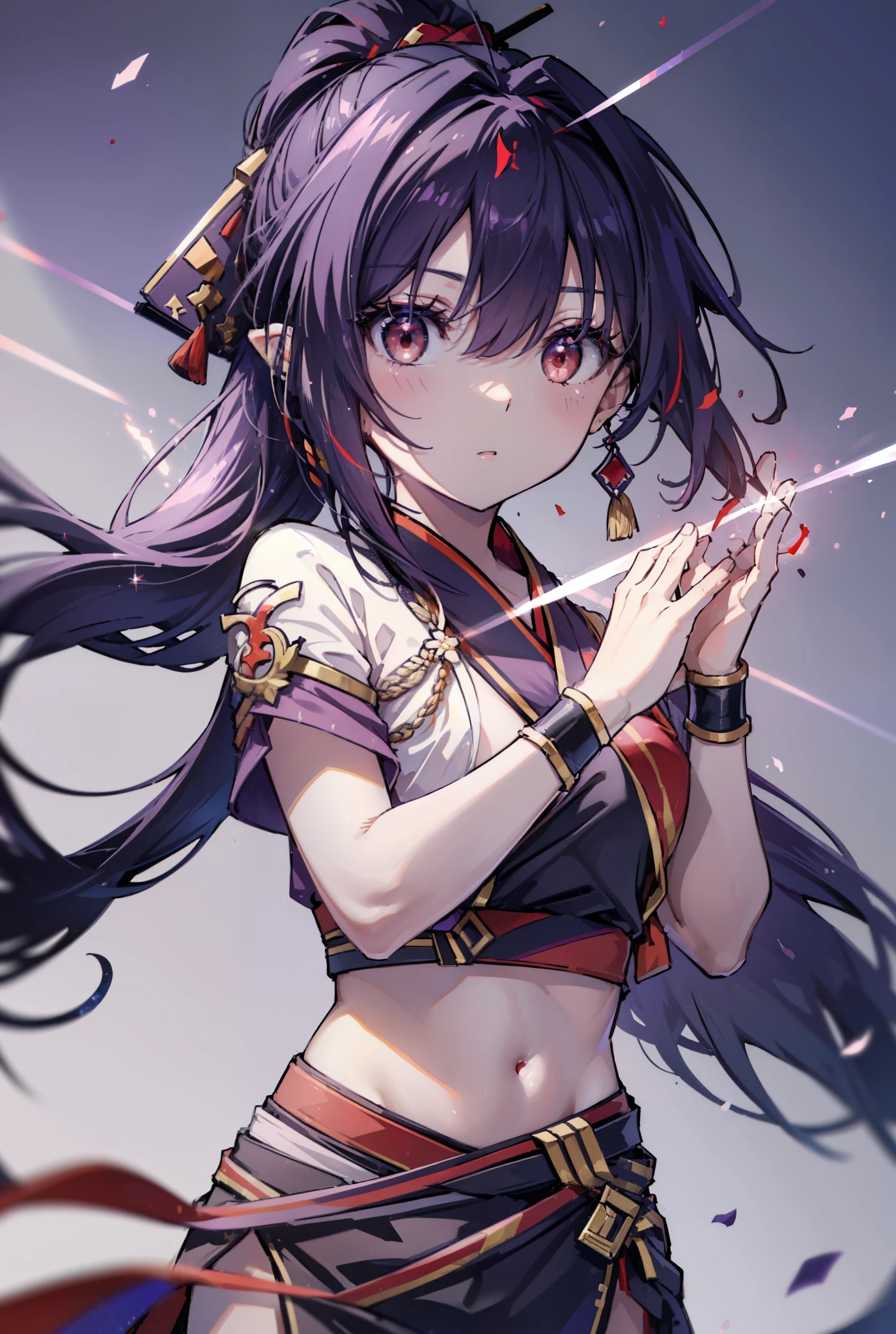 yuukikonno, Yuki Konno, hair band, Long Hair, Pointed Ears,ponytail, Purple Hair, (Red eyes:1.5), (Small breasts:1.2), Open your mouth,Purple kimono,Red too,boots,Japan sword 1:1 Hold the grip in your hand,
break looking at viewer, Upper Body, whole body,
break outdoors, Medieval European streets,
break (masterpiece:1.2), highest quality, High resolution, unity 8k wallpaper, (shape:0.8), (Narrow and beautiful eyes:1.6), Highly detailed face, Perfect lighting, Highly detailed CG, (Perfect hands, Perfect Anatomy),