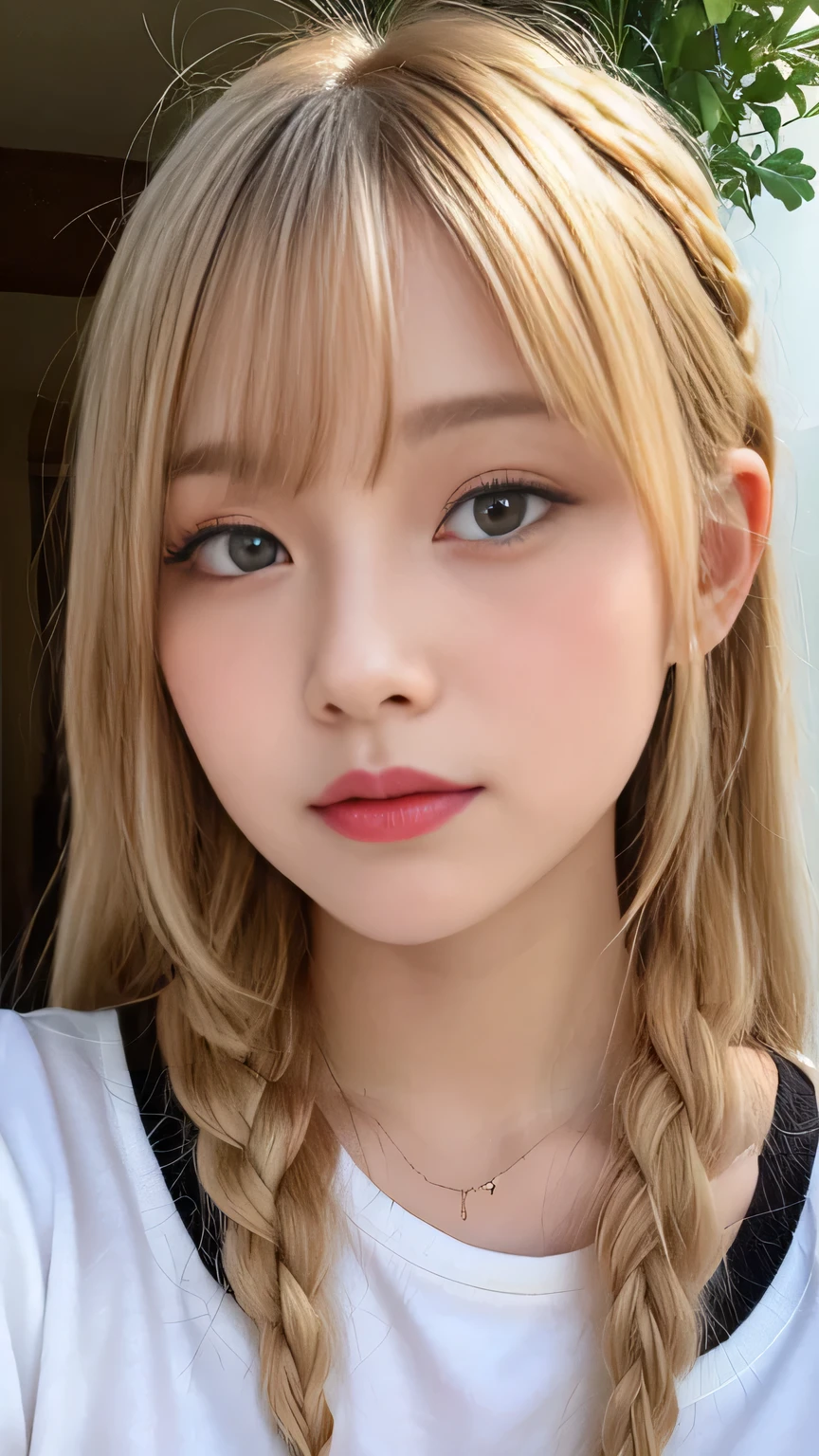 Pale, tanned skin、Sunburn marks on tanned skin、Bright blonde hair,A cute 20-year-old girl with a cute look, A strong wind blows my hair in front of my face、beautiful long blonde braided hair、beautiful, Cute eyes hidden by long bangs、Yawn、Double teeth、No visible nasolabial folds、