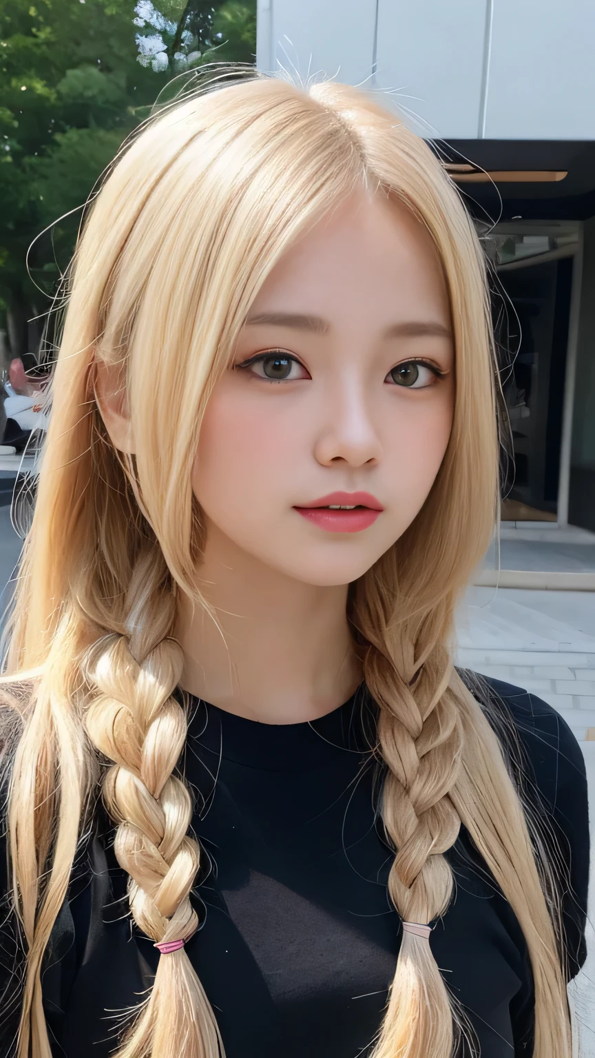 Pale, tanned skin、Sunburn marks on tanned skin、Bright blonde hair,A cute 20-year-old girl with a cute look, A strong wind blows my hair in front of my face、beautiful long blonde braided hair、beautiful, Cute eyes hidden by long bangs、Yawn、Double teeth、No visible nasolabial folds、