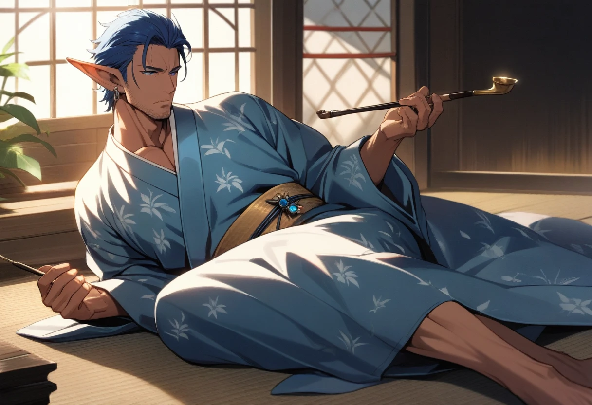 1man, mature elf, 40yo, blue short hair, forehead, masculine handsome mature, tanned skin, stubble, tough gentleman, flaped backhair, ear cuff, blue eyes, male high ratio body proportions, beautiful detailed eyes, smart muscular, BREAK solo, fullbody, yukata, lying on side, hold smoking pipe, sexy emotion, in washitsu, detailed background, caustics, textile shading, lens flare, light leaks,  netori father, romantic mood, 2010s, in isekai style, elegant quality, extreme all detailed, sharp vision, masterpiece, best quality
