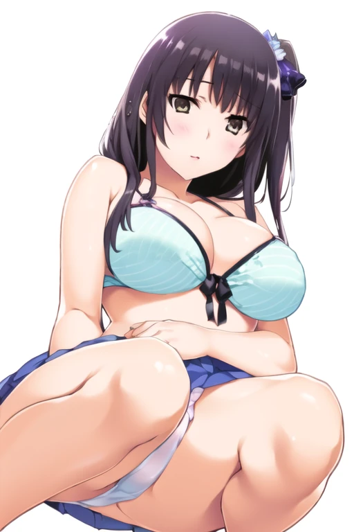 (8k, RAW Photos, highest quality, masterpiece:1.2),
One girl,alone,Mature Woman,Black Hair,Brown eyes,Long Hair, chest, chestの谷間, bikini, white bikini, View Viewer,alone, One girl, View Viewer, 2D, anime, anime coloring, Upper Body, (Simple Background, White background:1.3), utaha kasumigaoka, (((Skirt flip, I can see your panties)))，squat，From below，blush，Embarrassing， (( 指で膣を触ってMasturbationする)),Masturbation，orgasm，Love juice, 床にこぼれるLove juice, liquid splashing from girl, (( 指で膣を触ってMasturbationする))，Climax，Climax，Squirting，
Beach, 
 