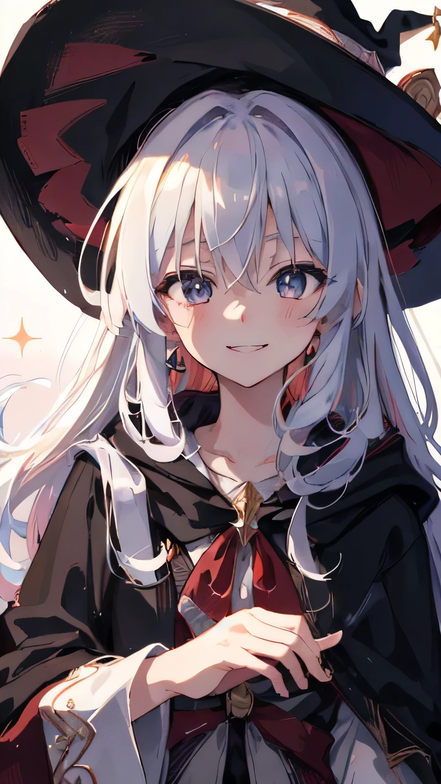 ((best quality)), ((masterpiece)), (detailed face and eyes), detailed hands and fingers, perfect face, accurate, textured skin, high details, multicolored hair, gradient hair, hair between eyes, hair over shoulder, big hair, hair over eyes, hair flaps, mole under eye, tareme, smile, Expressionism, anime, sparkle, Pastel art, wizard, wizard hat, black cloak, red ribbon, Magic that emits light from your fingertips, Torrent of Light