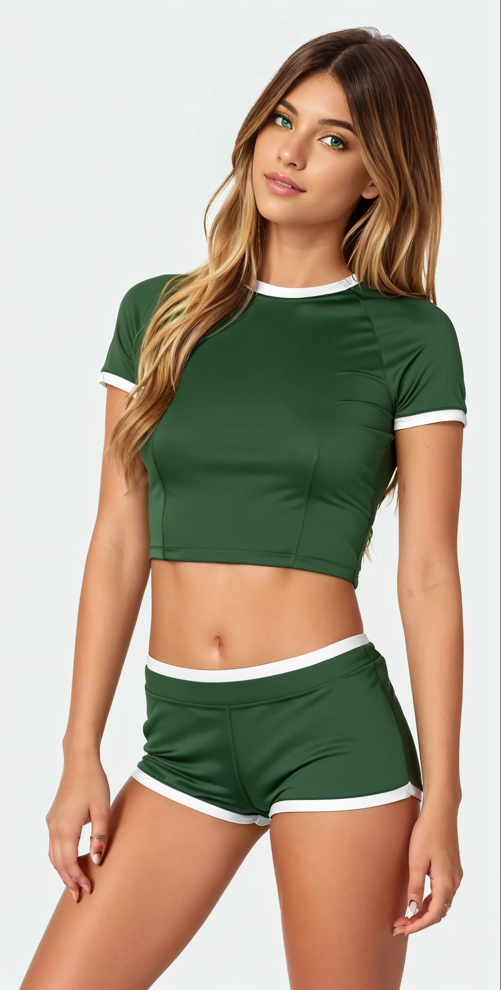 uma mulher de top verde e shorts posando para uma foto, corte superior, com camiseta rasgada, casual roupas verdes, roupas verdes, corte superior, Verde escuro, camisa verde, two piece workout clothes, Roupas Verdes, usando tops curtos, corte superior and shorts, verde oliva, ( ( Verde escuro, usando um top cropped sexy, wearing corte superior