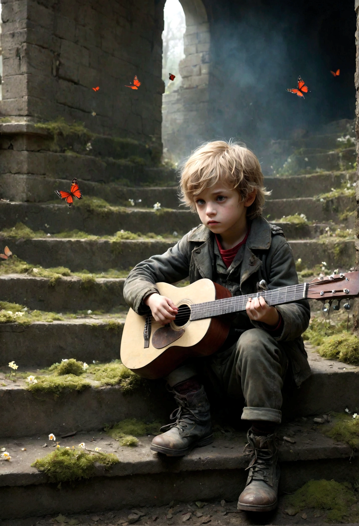 cannon fire，War，war，Thick smoke， playing guitar in ruins, depressed, Eyes gaze，Dirty face，desolate, moss covered, Dilapidated, dirty, (best quality,4k,8K,High resolution,masterpiece:1.2),Extremely detailed,(Practical,photoPractical,photo-Practical:1.37),Dark Fantasy,severe,Mood lighting,Dramatic shadows,Movie,moody color palette,Soft Tones,Rubbish,rot,weathered，tattered，Small white flowers，Dungeons，cemetery，Black and Red，There is a broken bowl in front.，Footprinting，stairs，vine，rainwater，Swarms of glowing butterflies，A group of transparent wandering souls， Ghost