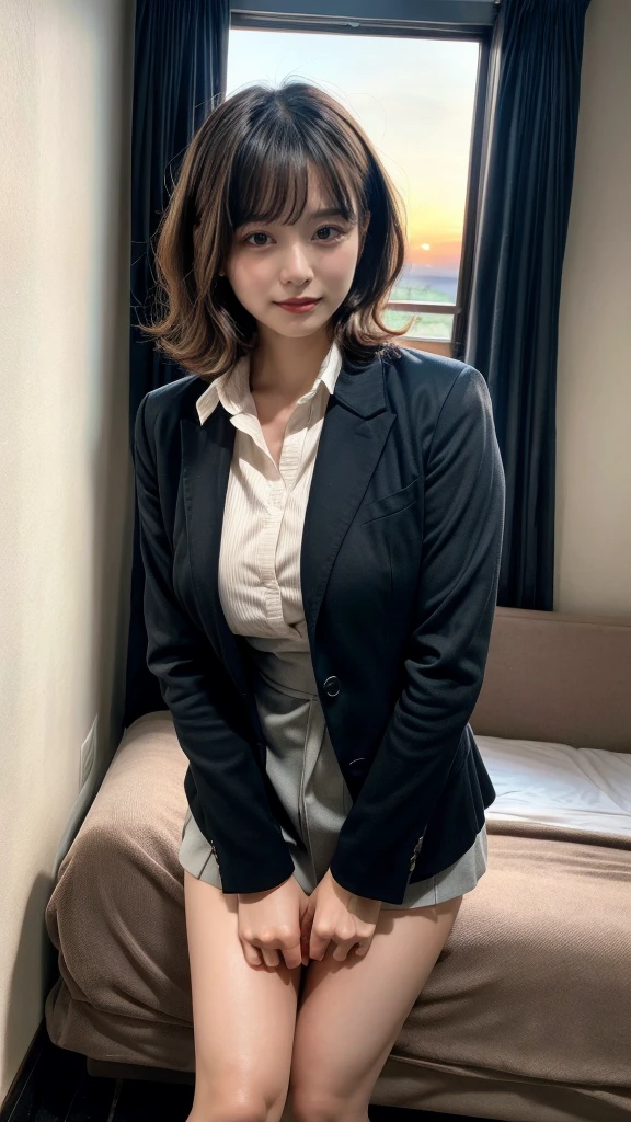 masterpiece, best quality, illustration, Super detailed, fine details, High resolution, 8K,wall paper, perfect dynamic composition,(Details High quality, realistic depiction of eyes:1.3), short hair, (wavy hair:1.2), Office Lady, ,Suit,Collared shirt, Black Suit,Black jacket, huge breasts,  black hair color, Big Natural Color Lip, bold sexy pose, crying a little、Harajuku style、20 year old girl、cute type、lolita、beautiful legs, hotel room, full body photo、focus on crotch, hposing Gravure Idol, Sexy shot looking at camera, Sunset, by the window, Summer, make up, Curve