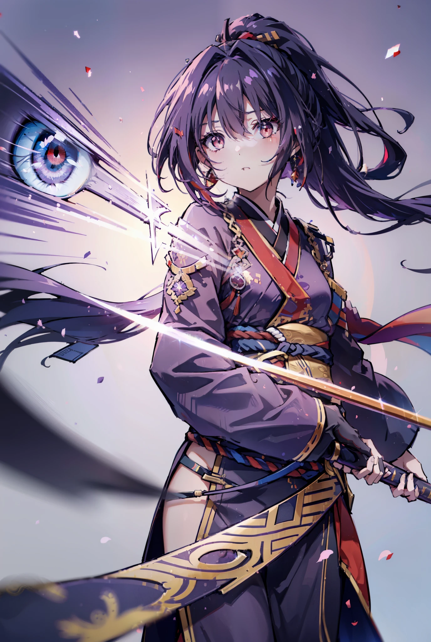 yuukikonno, Yuki Konno, hair band, Long Hair, Pointed Ears,ponytail, Purple Hair, (Red eyes:1.5), (Small breasts:1.2), Open your mouth,Purple kimono,Red too,boots,Hold the sword grip in your hand,
break looking at viewer, Upper Body, whole body,
break outdoors, Medieval European streets,
break (masterpiece:1.2), highest quality, High resolution, unity 8k wallpaper, (shape:0.8), (Narrow and beautiful eyes:1.6), Highly detailed face, Perfect lighting, Highly detailed CG, (Perfect hands, Perfect Anatomy),