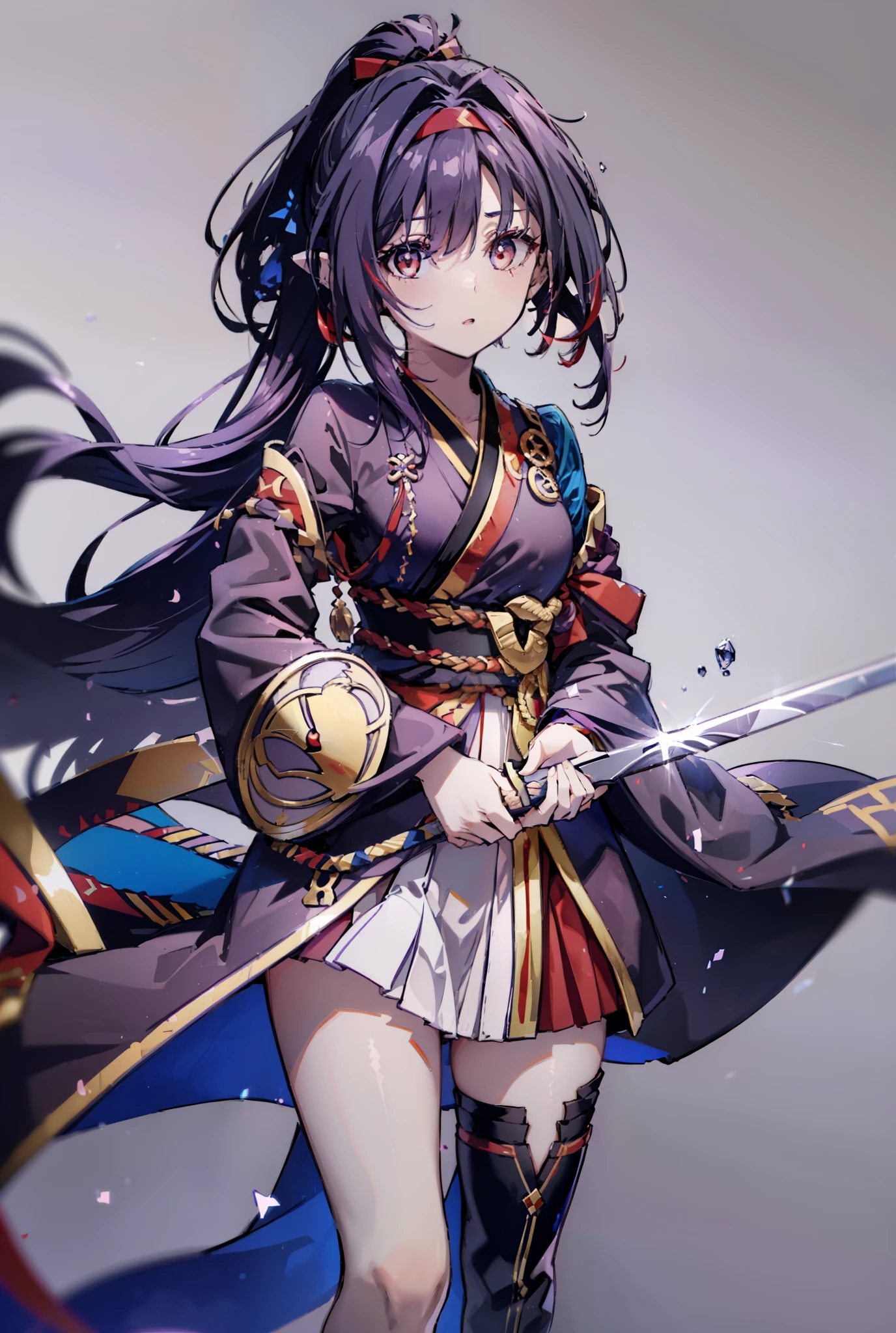 yuukikonno, Yuki Konno, hair band, Long Hair, Pointed Ears,ponytail, Purple Hair, (Red eyes:1.5), (Small breasts:1.2), Open your mouth,Purple kimono,Red too,boots,Hold the sword grip in your hand,
break looking at viewer, Upper Body, whole body,
break outdoors, Medieval European streets,
break (masterpiece:1.2), highest quality, High resolution, unity 8k wallpaper, (shape:0.8), (Narrow and beautiful eyes:1.6), Highly detailed face, Perfect lighting, Highly detailed CG, (Perfect hands, Perfect Anatomy),