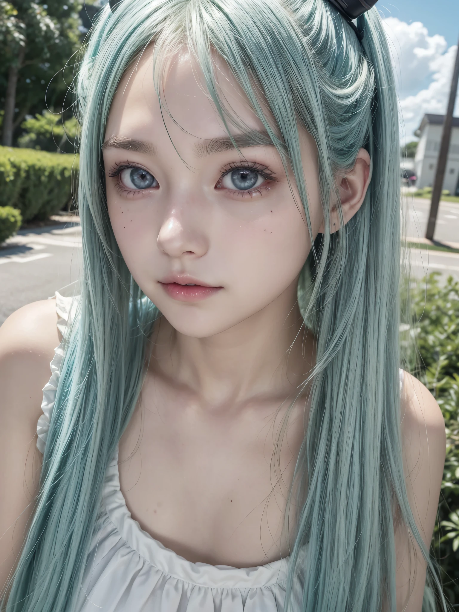 Hatsune Miku、pfotorealistic, Highresolution, 1 woman, white-haired, Korean, Heterochromia eyes, Small moles under the eyes,outdoor、