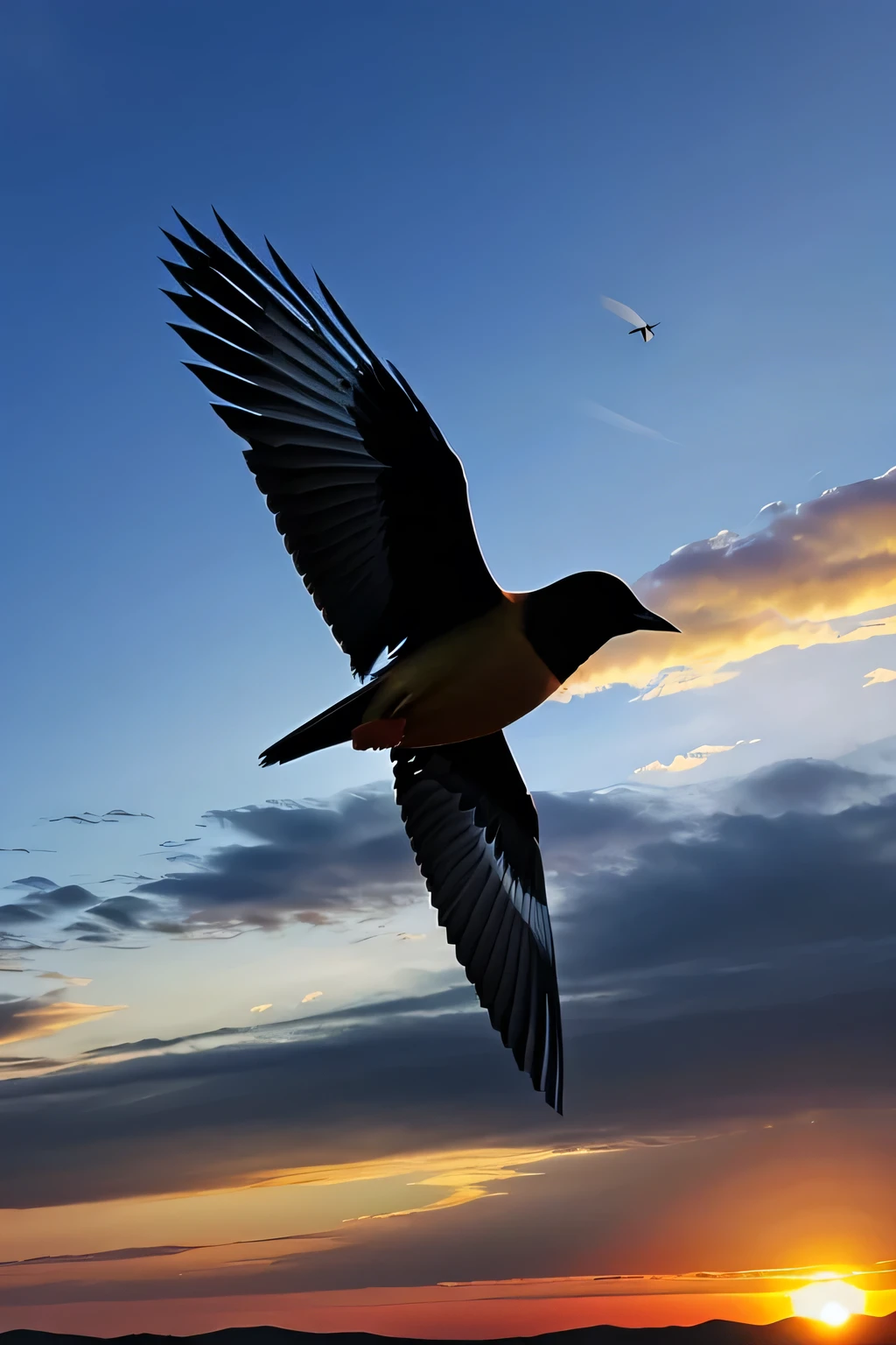 Make a realistic image of sunset bird flying in the sky and make background transparent also make the birds' colour pure black