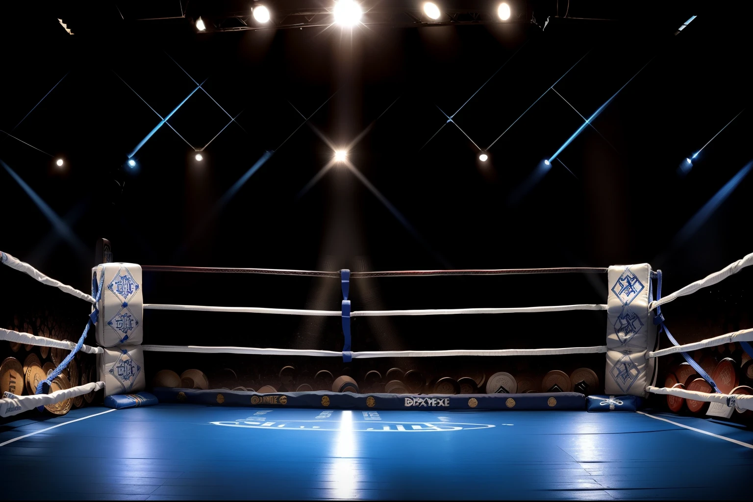 boxe ring with lights and ropes, boxe ring sol blanc coin bleu et sol blanc sol, fond d&#39;  Boardwalk Hall Atlantic City, Ring de boxe avec le sol blanc et les coins bleus, scene background  Boardwalk Hall d'Atlantic City, toile de fond  Boardwalk Hall Atlantic City, écran centrale au dessus du ring comme au  Boardwalk Hall  in a boxe ring,  boxe, boxe match, scene,  projecteur, barre d&#39;background, spot et projecteur au plafond  fond dramatique, atmospheric perspective, full light, 8k, super detail, best quality, masterpiece