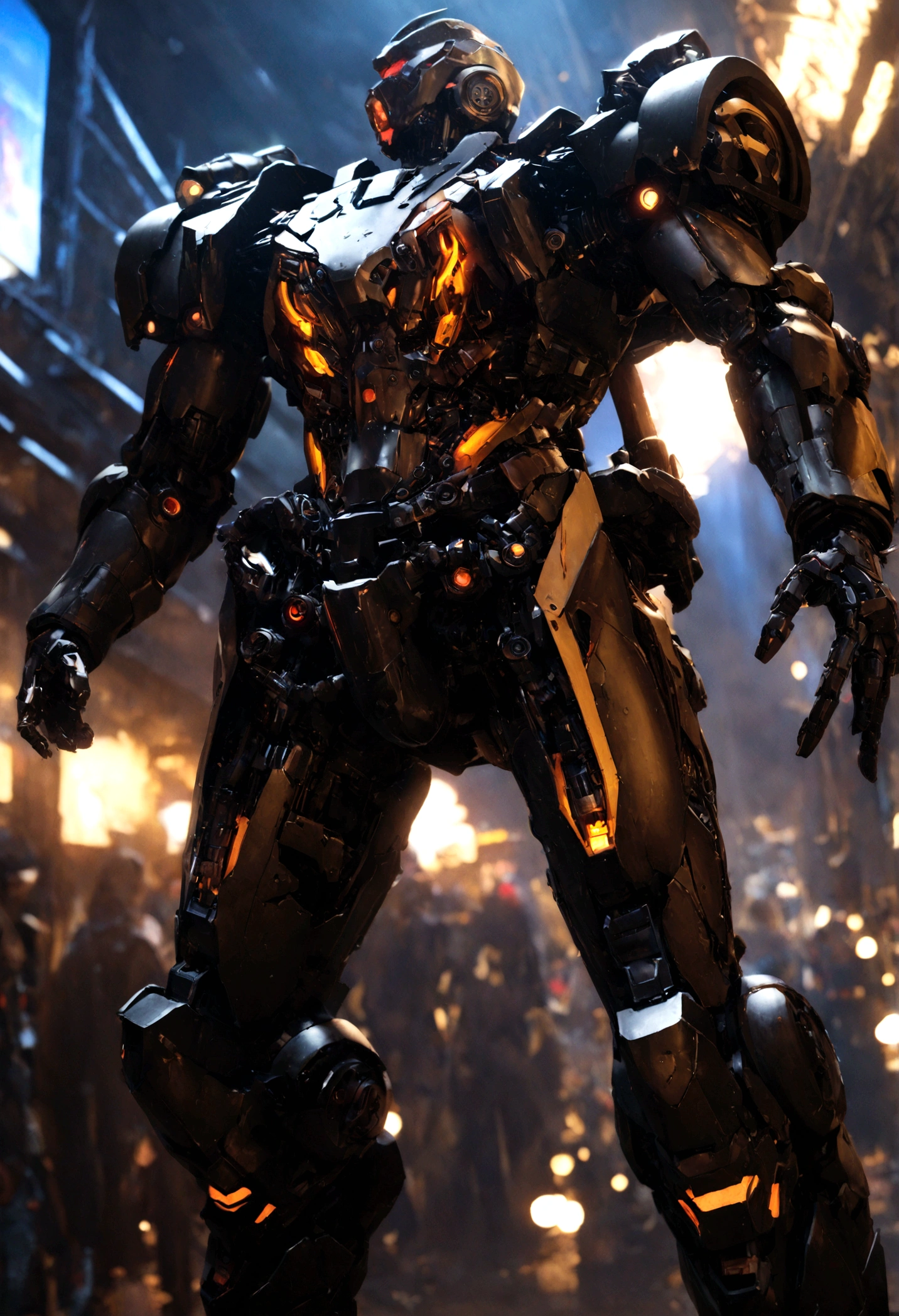 a highly detailed mechanical suit of futuristic mecha, intricate cyberpunk machinery, industrial technology, dark and gritty sci-fi atmosphere, dramatic lighting, cinematic composition, striking poses, (best quality,4k,8k,highres,masterpiece:1.2),ultra-detailed,(realistic,photorealistic,photo-realistic:1.37),HDR,UHD,studio lighting,ultra-fine painting,sharp focus,physically-based rendering,extreme detail description,professional,vivid colors,bokeh,concept art