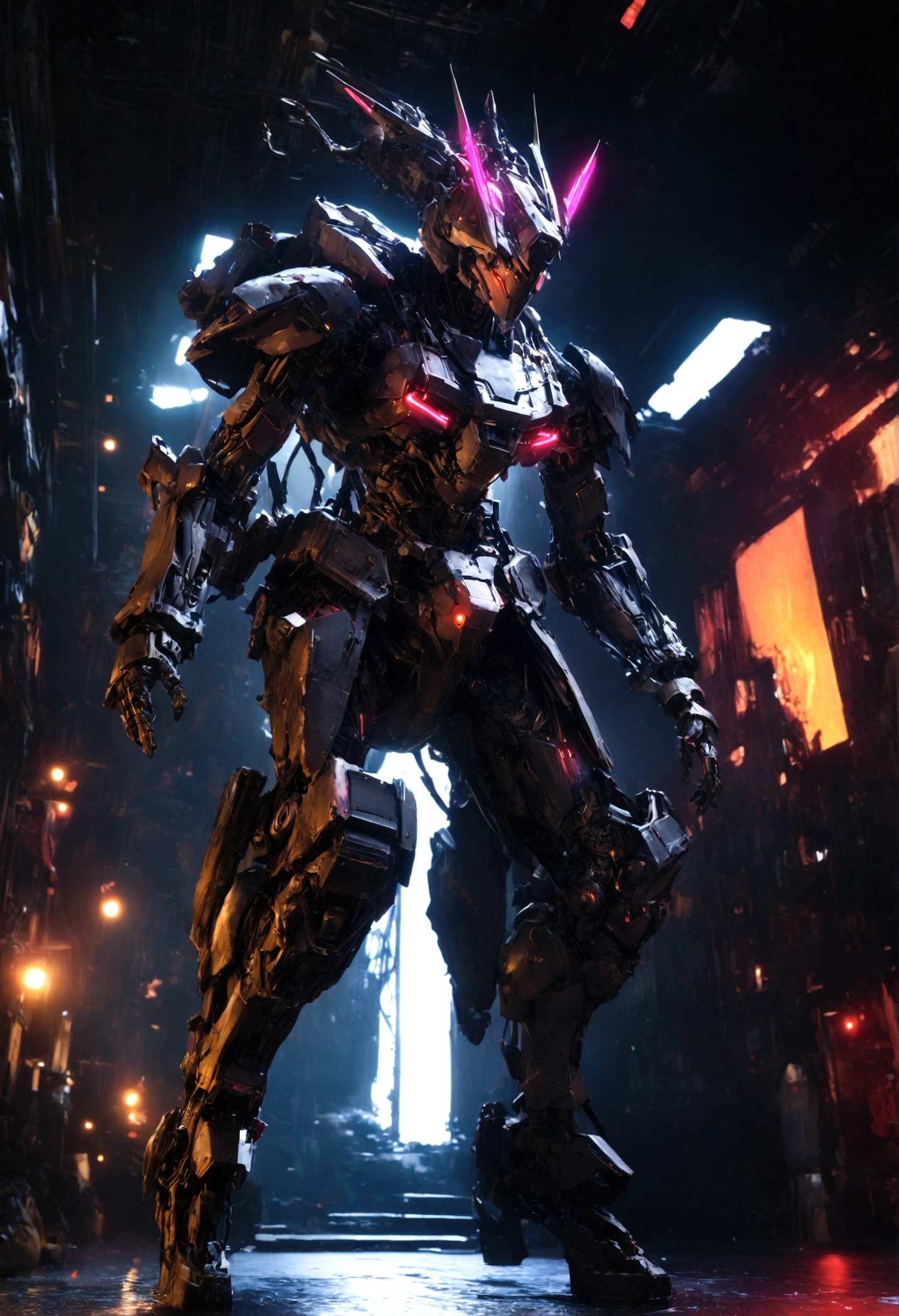 a highly detailed mechanical suit of futuristic mecha, intricate cyberpunk machinery, industrial technology, dark and gritty sci-fi atmosphere, dramatic lighting, cinematic composition, striking poses, (best quality,4k,8k,highres,masterpiece:1.2),ultra-detailed,(realistic,photorealistic,photo-realistic:1.37),HDR,UHD,studio lighting,ultra-fine painting,sharp focus,physically-based rendering,extreme detail description,professional,vivid colors,bokeh,concept art