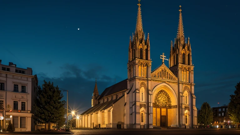 Church in the city at night