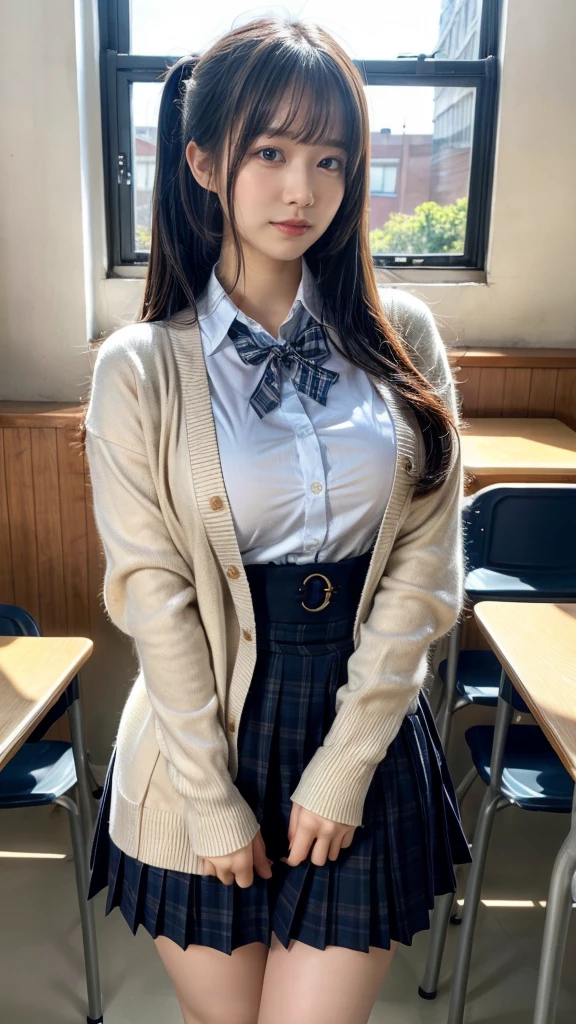 masterpiece, best quality, illustration, Super detailed, fine details, High resolution, 8K,wall paper, perfect dynamic composition,(Details High quality, realistic depiction of eyes:1.3), High School Classroom、High school girl uniform、Cardigan、Super Short Check Uniform Skirt、Navy blue high socks、garterbelts、Colossal tits、Disturbed uniform、low ponytail, black hair color, sexy pose, Big Natural Color Lip, bold sexy pose, (perfect body shape), crying a little、Harajuku style、20 year old girl、cute type, beautiful legs, hposing Gravure Idol, Voluptuous thighs