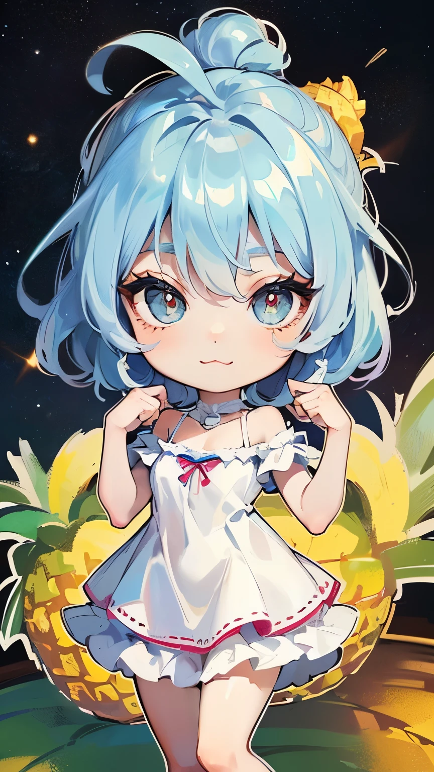((style:Colored pencil,pale colour)),(Chibi animation、masterpiece、Colored pencilで描かれた:1.2)、(Chibi Body、Small face、Cute all over、Light blue hair color, Short chignon hair:1.4),(eye shadow, Eyeliner:1.2),(Highly detailed eyes、Light blue eyes、The space between the eyes is narrow、Soft breast swelling、Gloss Lip、Very sharp outline、 :3, Ahoge, Symbol-shaped pupil、Very thin legs)、(Big fresh pineapple:1.4)、(Noble Pride、Gorgeous dress:1.5),(medieval europe landscape:1.3)