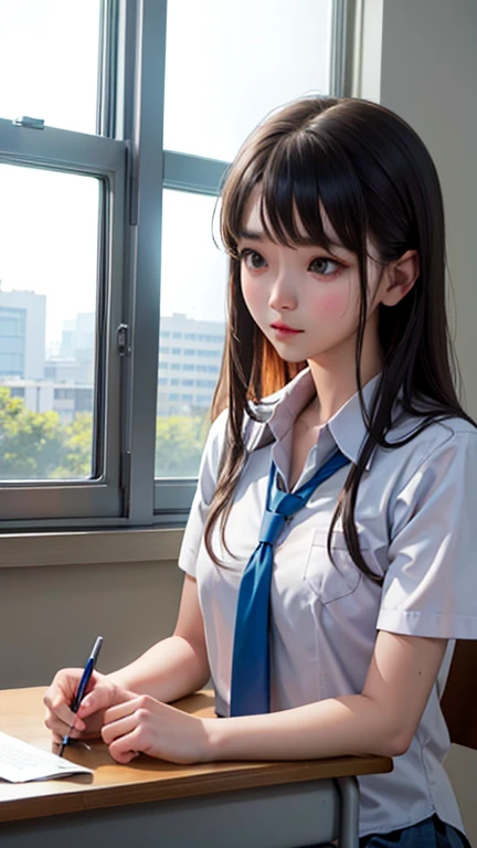 high school girl、classroom、Window seat、Upper Body、Daytime、Sitting with a sullen face、Elbows on the desk、Face looking out the window