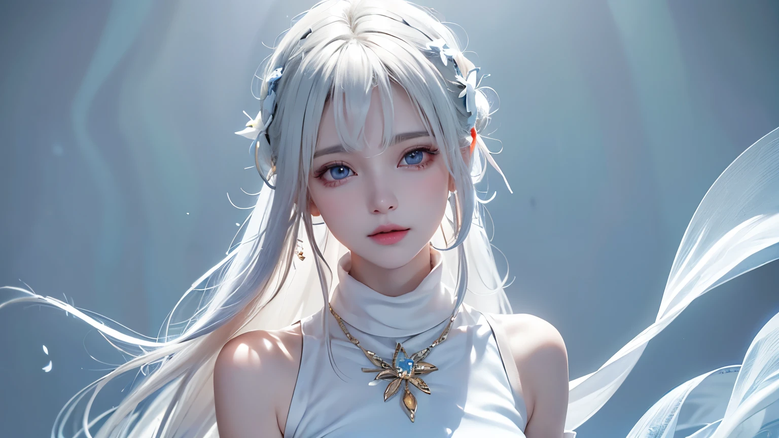 ((Bust up picture))((masterpiece:1.5、8k、Portraiture、Photorealistic and very detailed CG、Very detailed、Particle Effects、Dynamic Effects、Written boundary depth、Cinematic Light、Lens flare、Ray Tracing、Tabletop、Realistic:1.4、超A high resolution:1.2、Realistic、Realistic))((alone、,Woman in turtleneck dress:1.4、Model-like pose:、sideboob、Ample breasts、Detailed face、Bright expression、young, Brighter, Whiter skin、Best Looks、Ultimate beauty、White hair with shiny highlights:1.8、bright and shiny hair,、Super long, Silky straight hair、Hair swaying in the wind))(Fantastic transparent flower々Surrounded by、White Background、Great background、Thin petals fluttering down)
