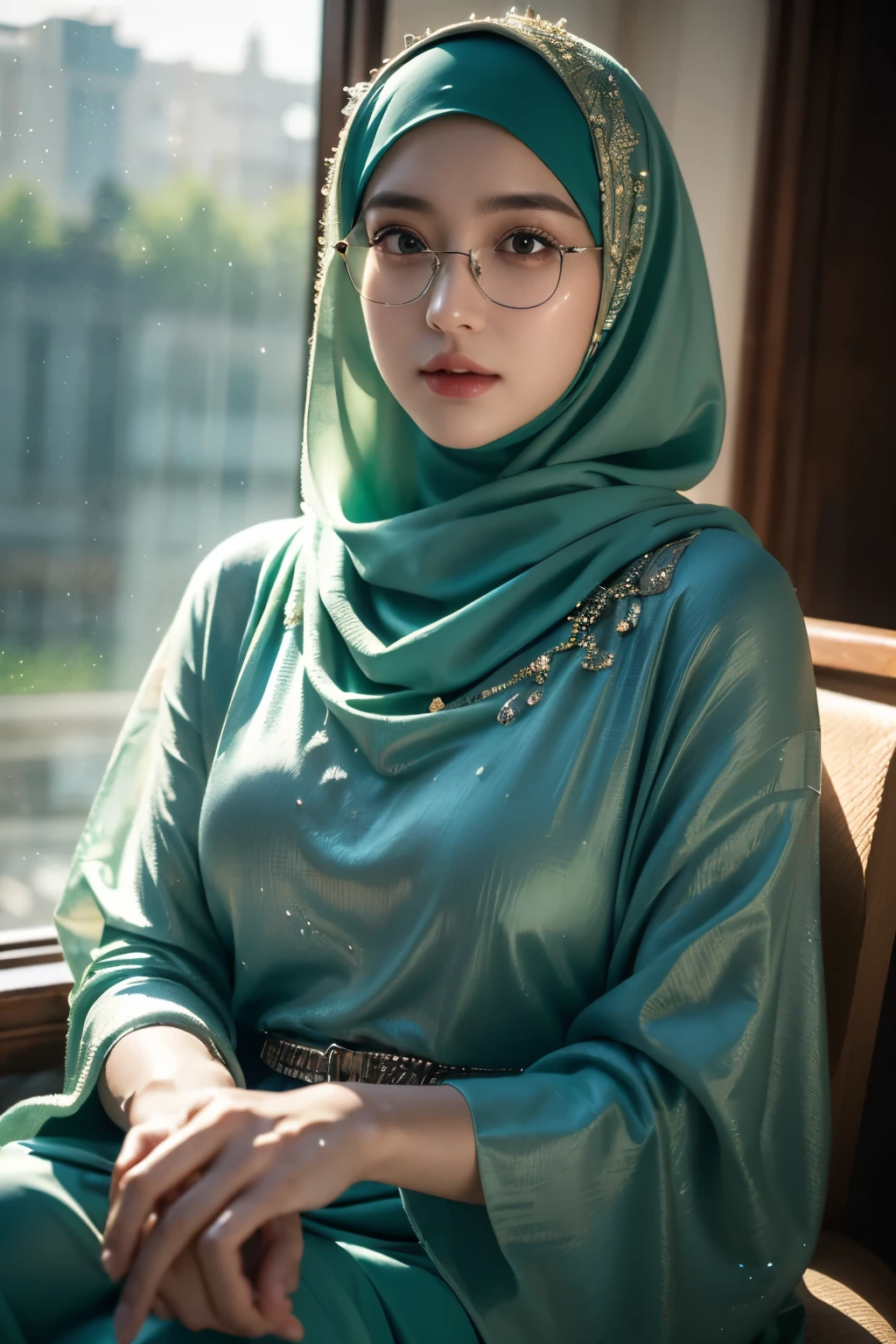 A beautiful 20-year-old woman wearing a hijab, an Islamic dress covering her body, a combination of green and blue, a dress with jewel details, black glasses on top of her hijab, sitting in a cafe with colorful lights, reflections of light on a wet glass window. (best quality,4k,8k,highres,masterpiece:1.2),ultra-detailed,(realistic,photorealistic,photo-realistic:1.37),detailed eyes,detailed lips,extremely detailed face,longeyelashes,portrait,realistic,warm lighting,dramatic lighting,cinematic,moody atmosphere,intricate details